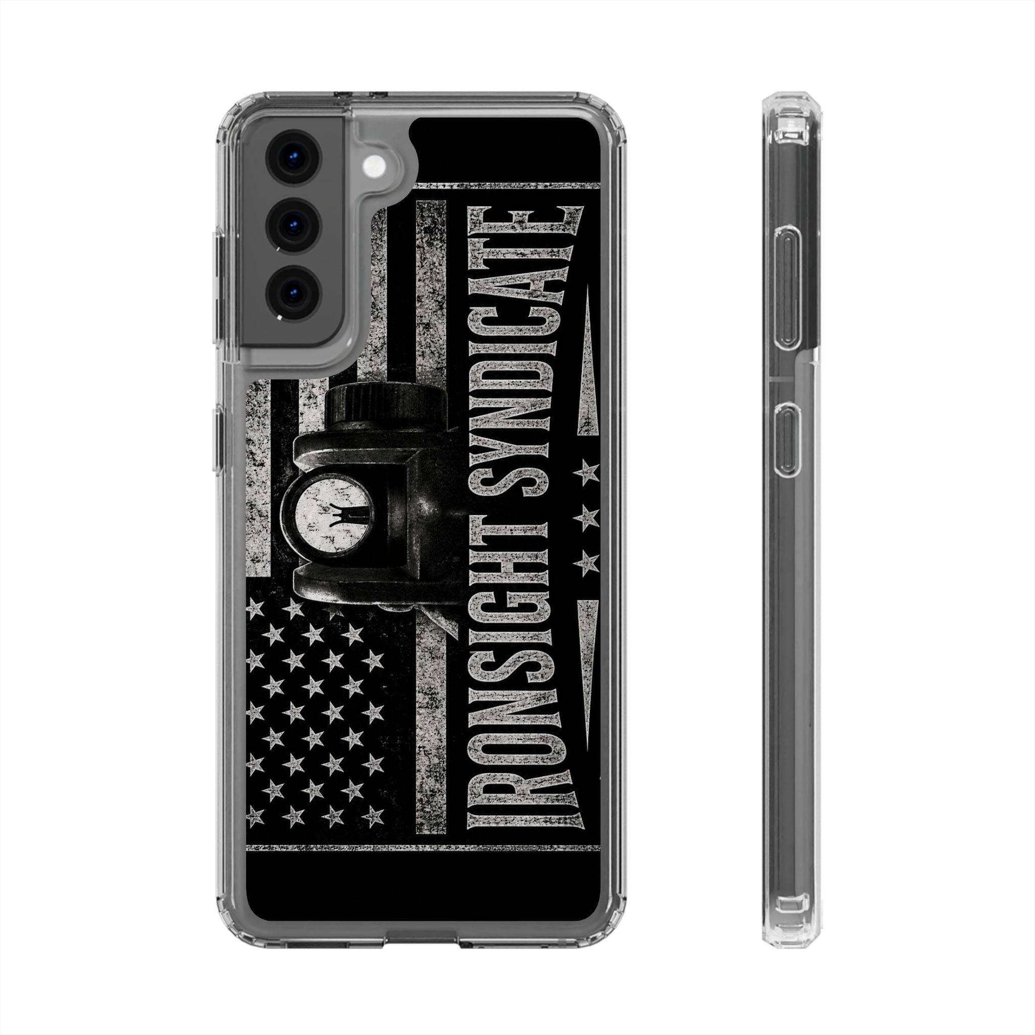 Clear Impact-Resistant Phone Case — "Ironsight Syndicate" Vintage Patriot Design