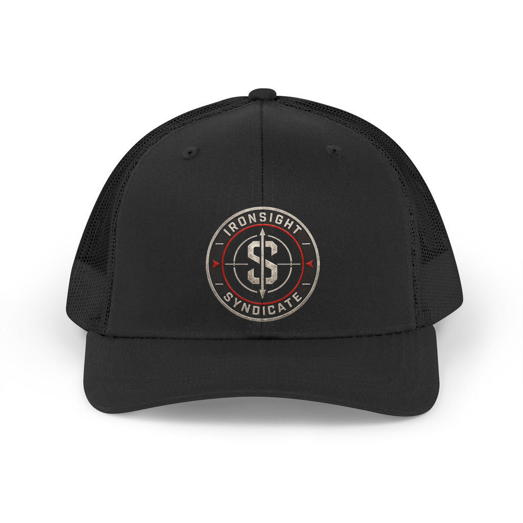 Retro Trucker Hat – Ironsight Syndicate Distressed Logo  | Patriotic USA Snapback Mesh Cap for Veterans & Patriots