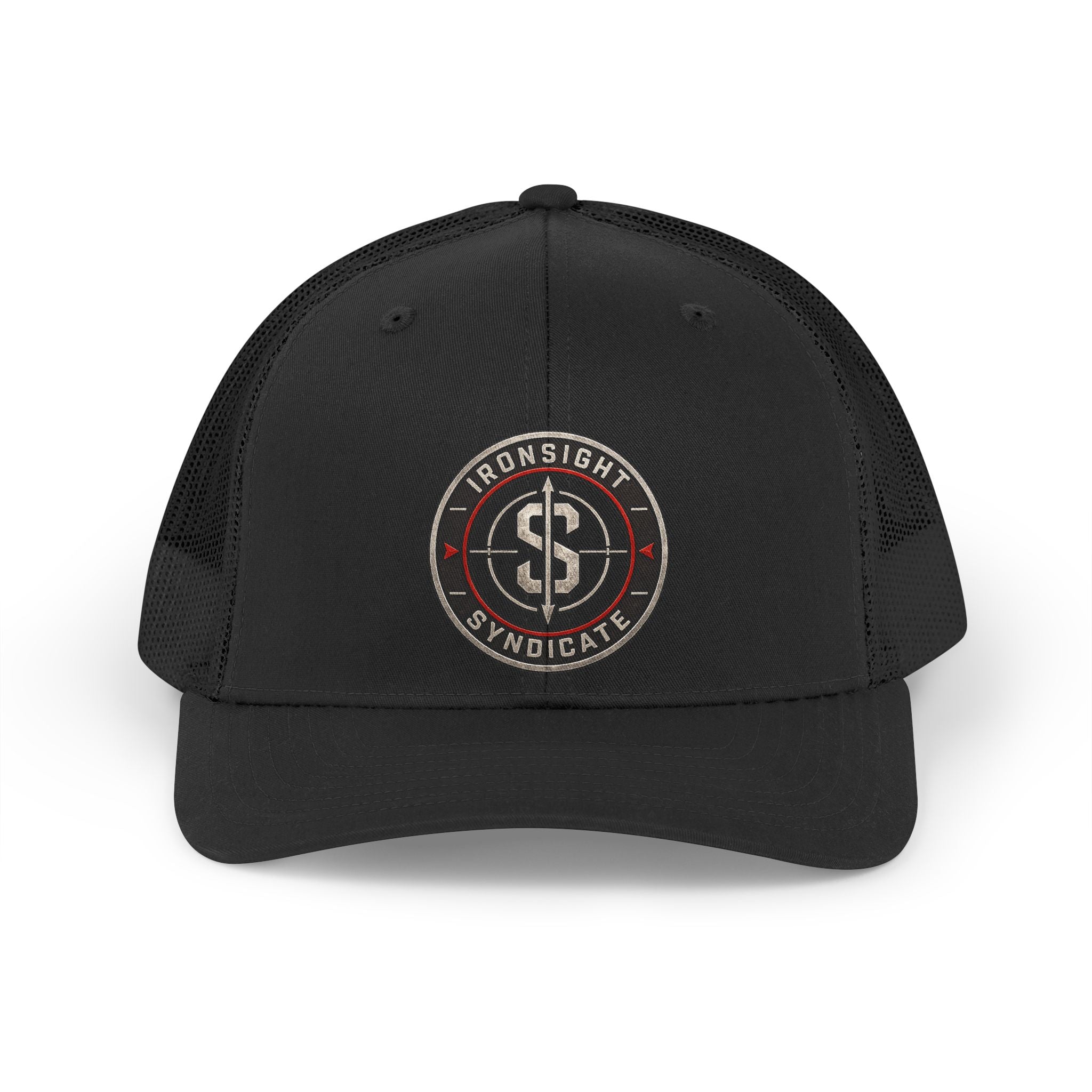 Retro Trucker Hat – Ironsight Syndicate Distressed Logo  | Patriotic USA Snapback Mesh Cap for Veterans & Patriots