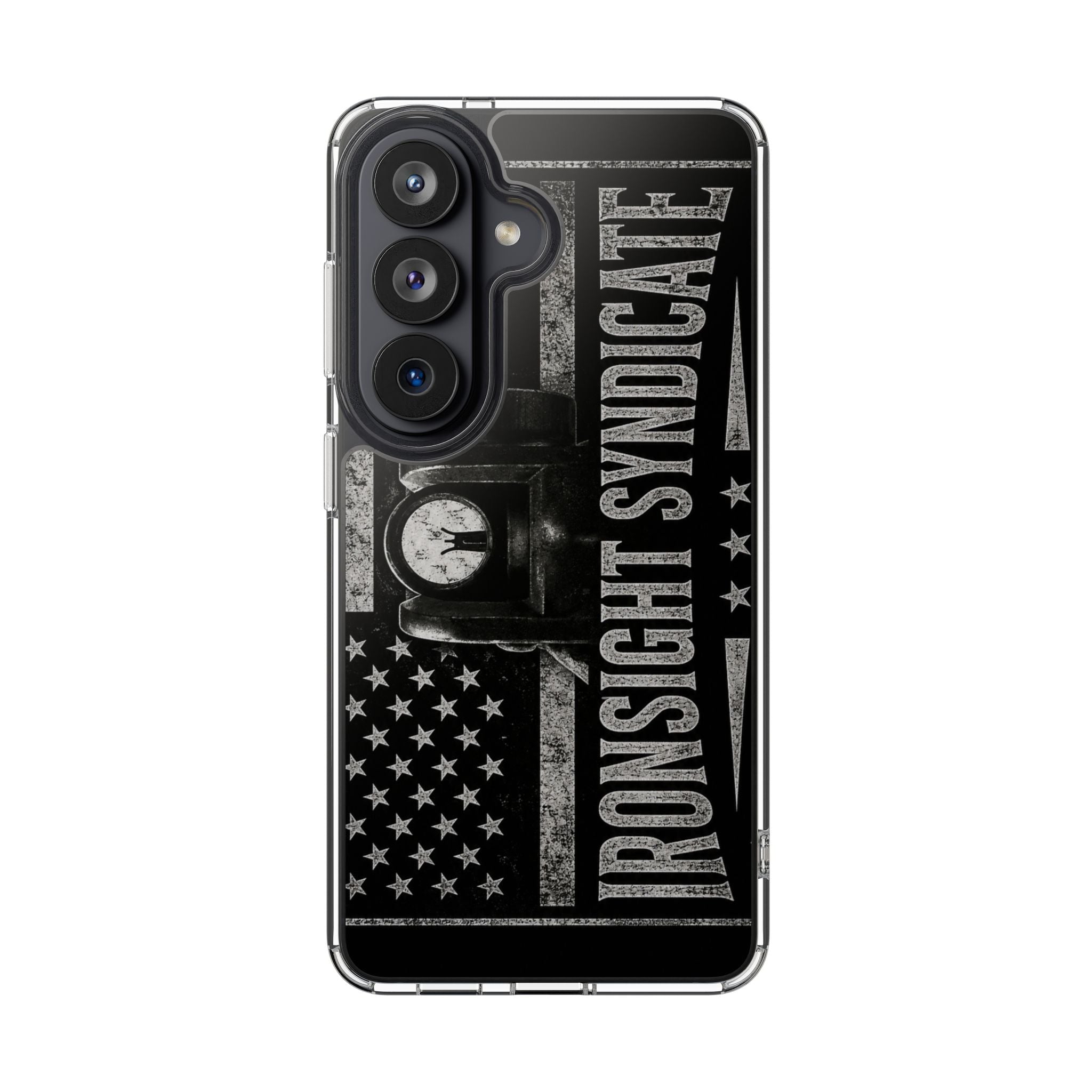 Clear Impact-Resistant Phone Case — "Ironsight Syndicate" Vintage Patriot Design