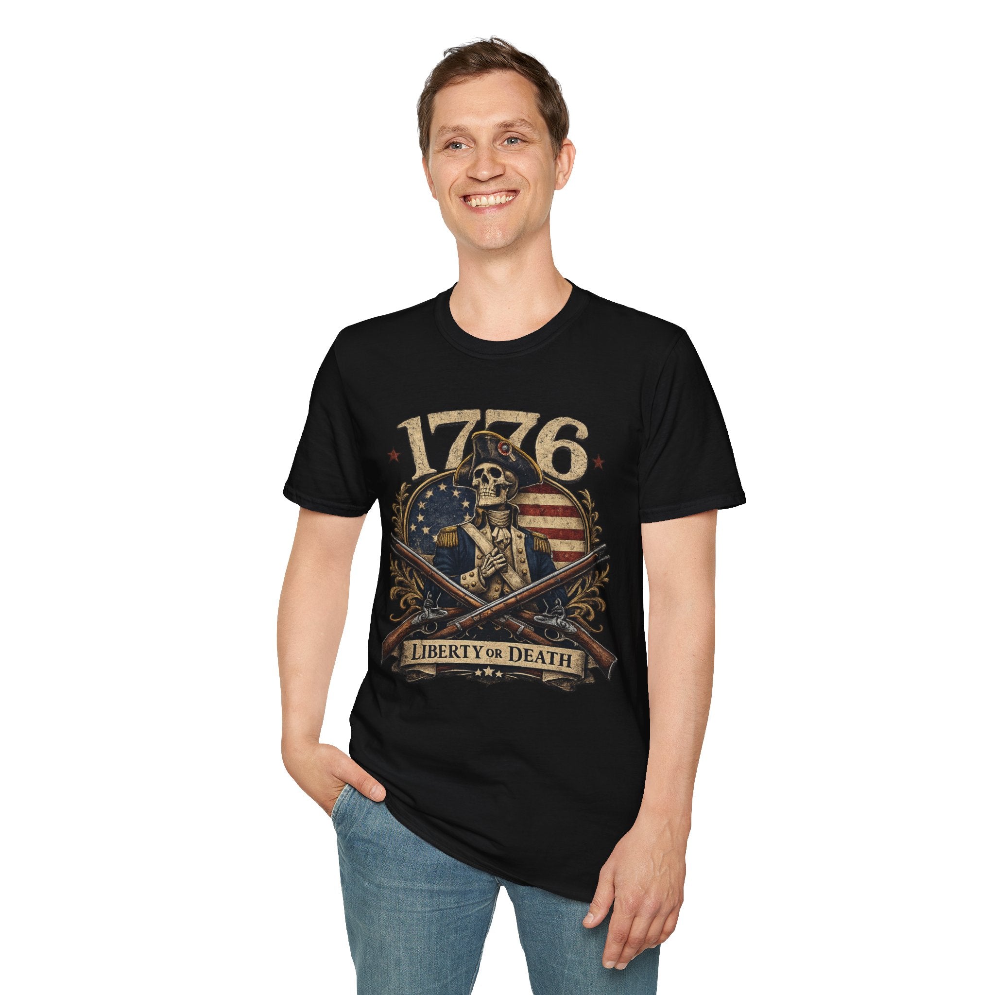 1776 Liberty or Death T-Shirt — Patriotic Revolutionary War Skull Tee