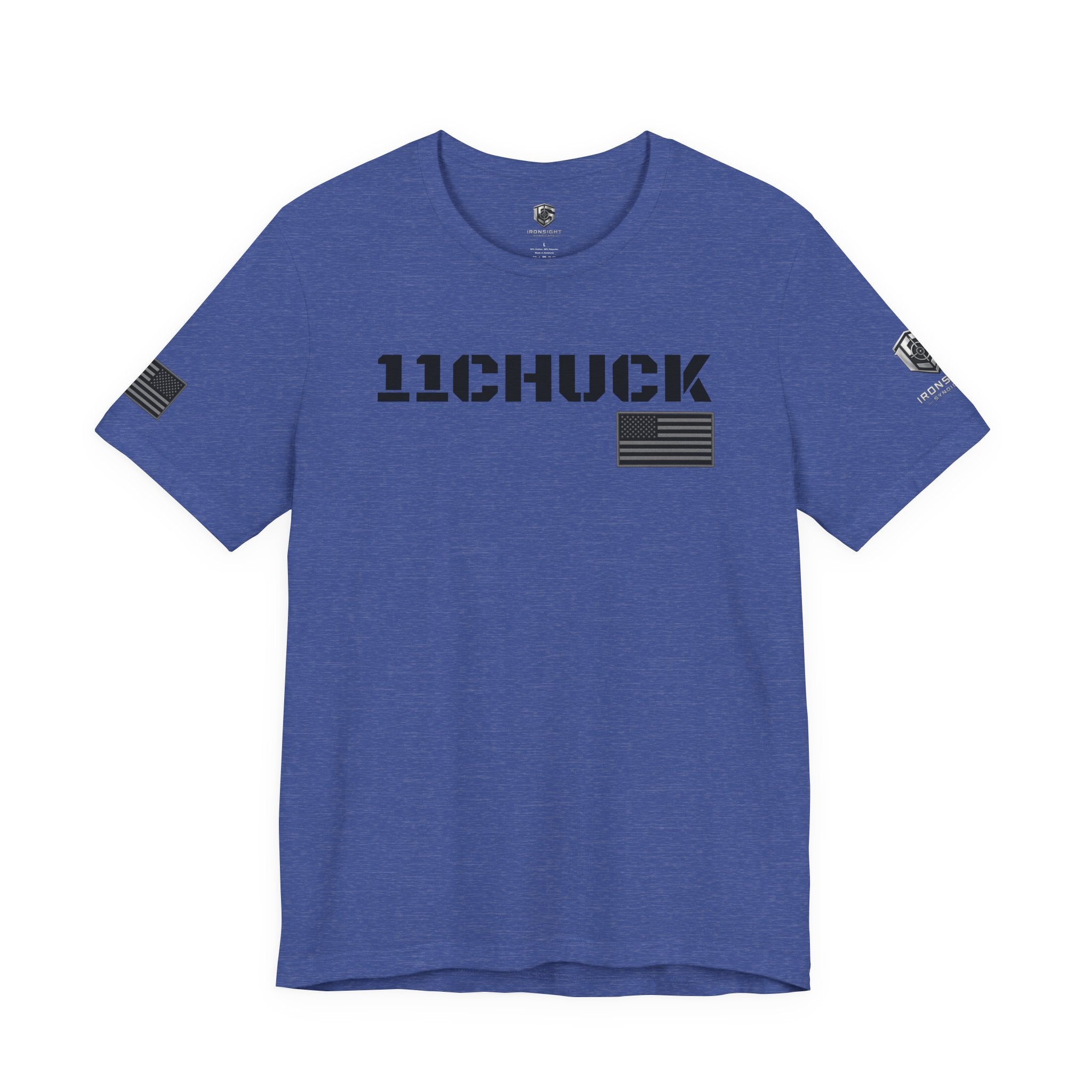 11Chuck Indirect Fire Infantryman Inspired Patriotic T-Shirt Black text - Heather True Royal | Ironsight Syndicate