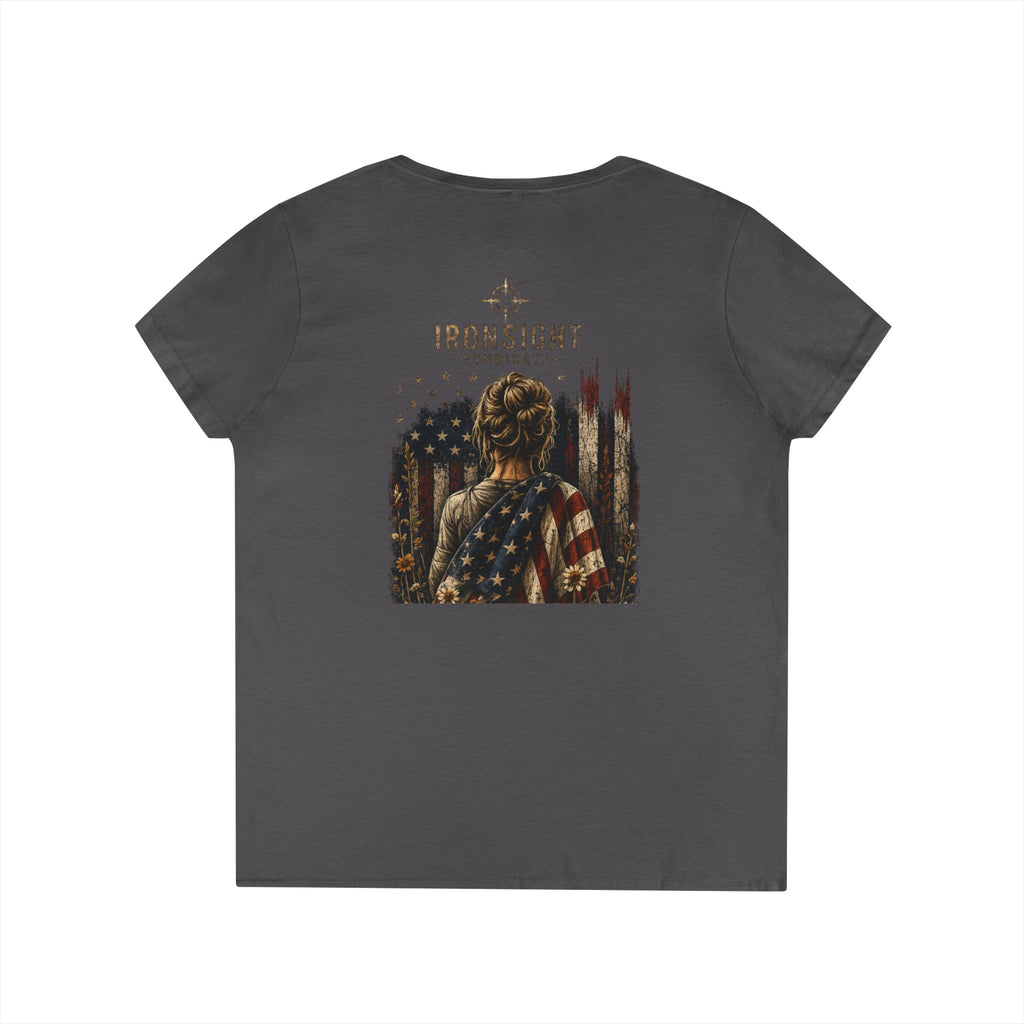 Wrapped in Old Glory-Ladies' V-Neck T-Shirt — Patriotic Sunflower Flag Graphic Tee