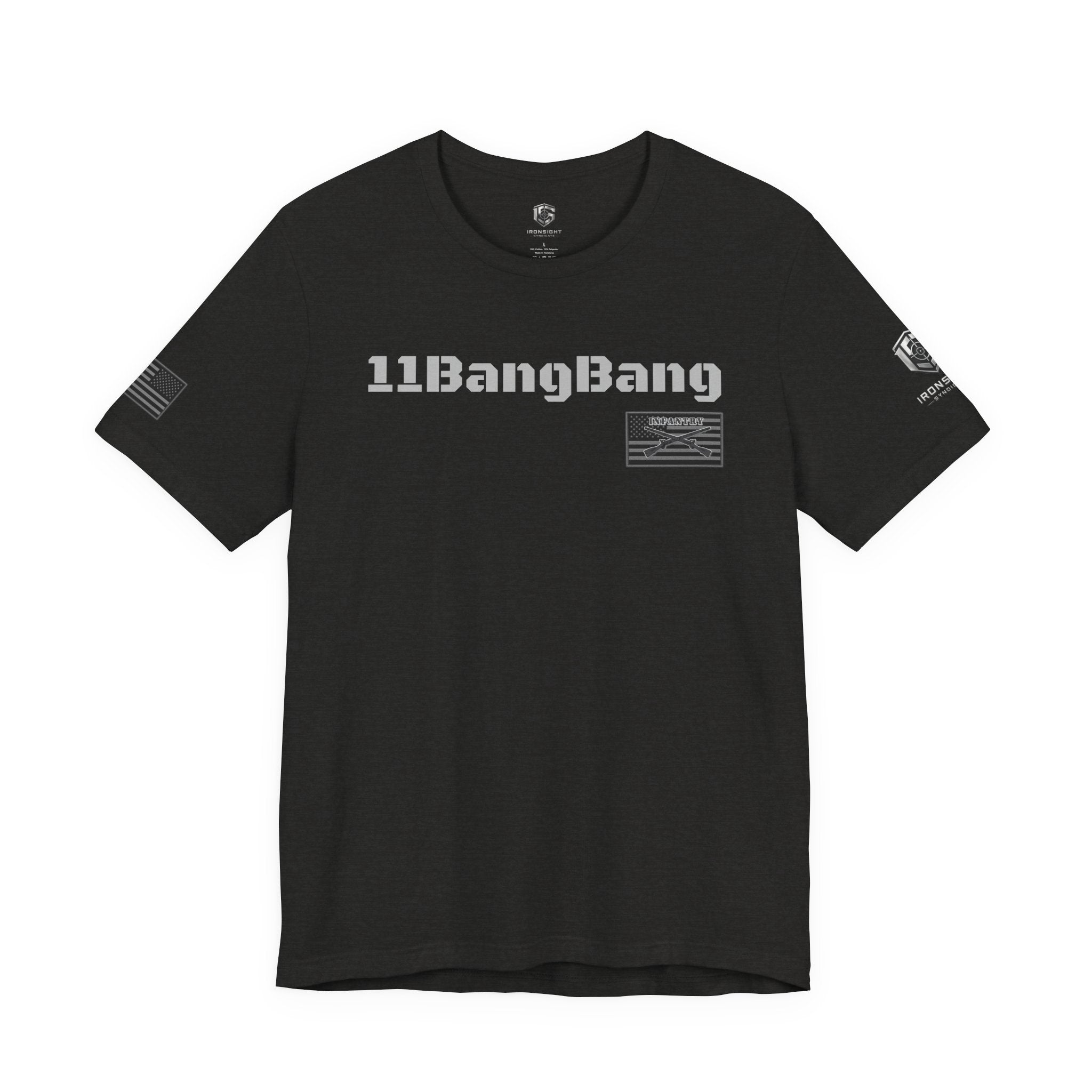 11Bang Bang (White Text) Infantry Inspired Patriotic T-Shirt - Black Heather | Ironsight Syndicate