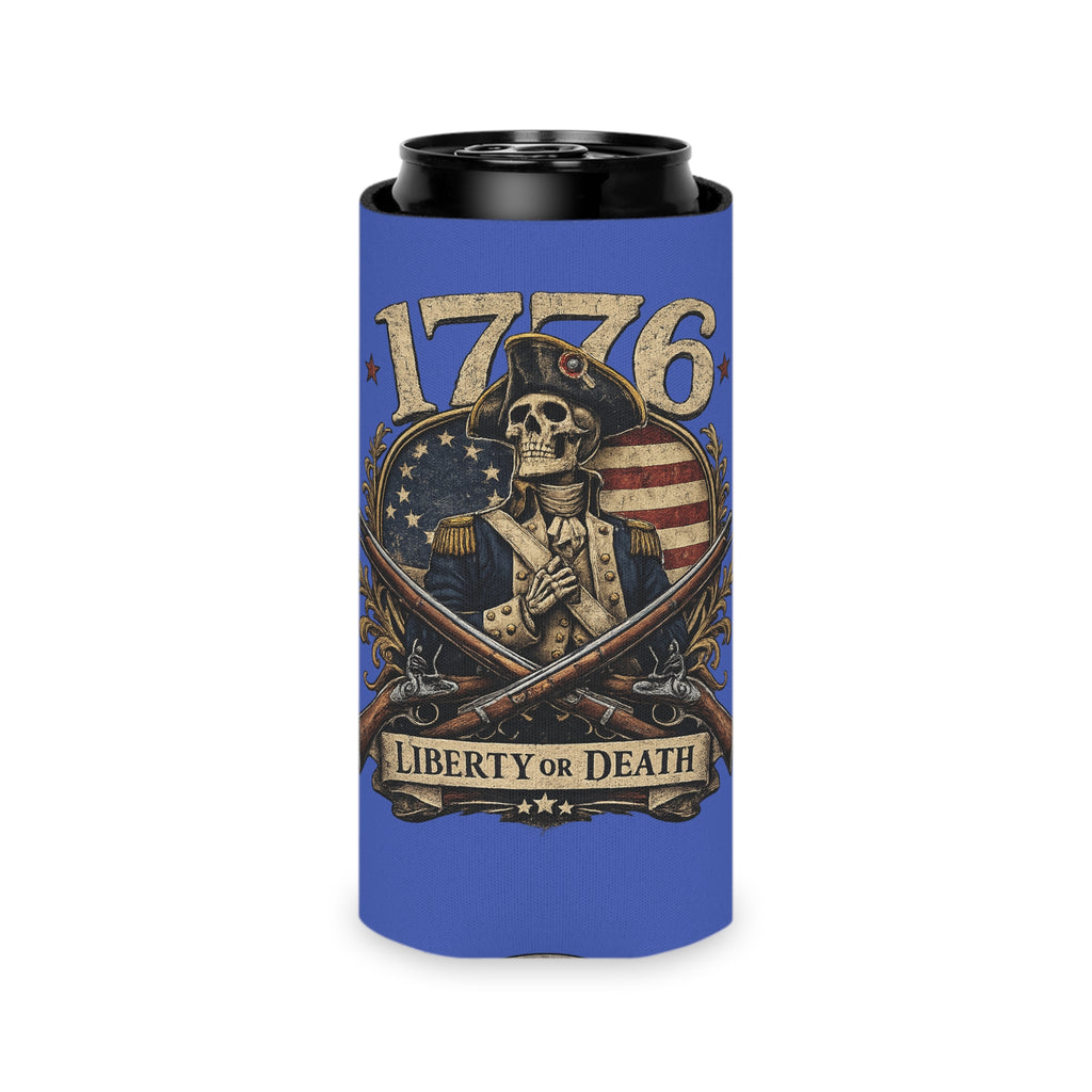 1776 Liberty or Death Patriotic Can Cooler | American Flag Skeleton Beer Koozie for Veterans & Patriots