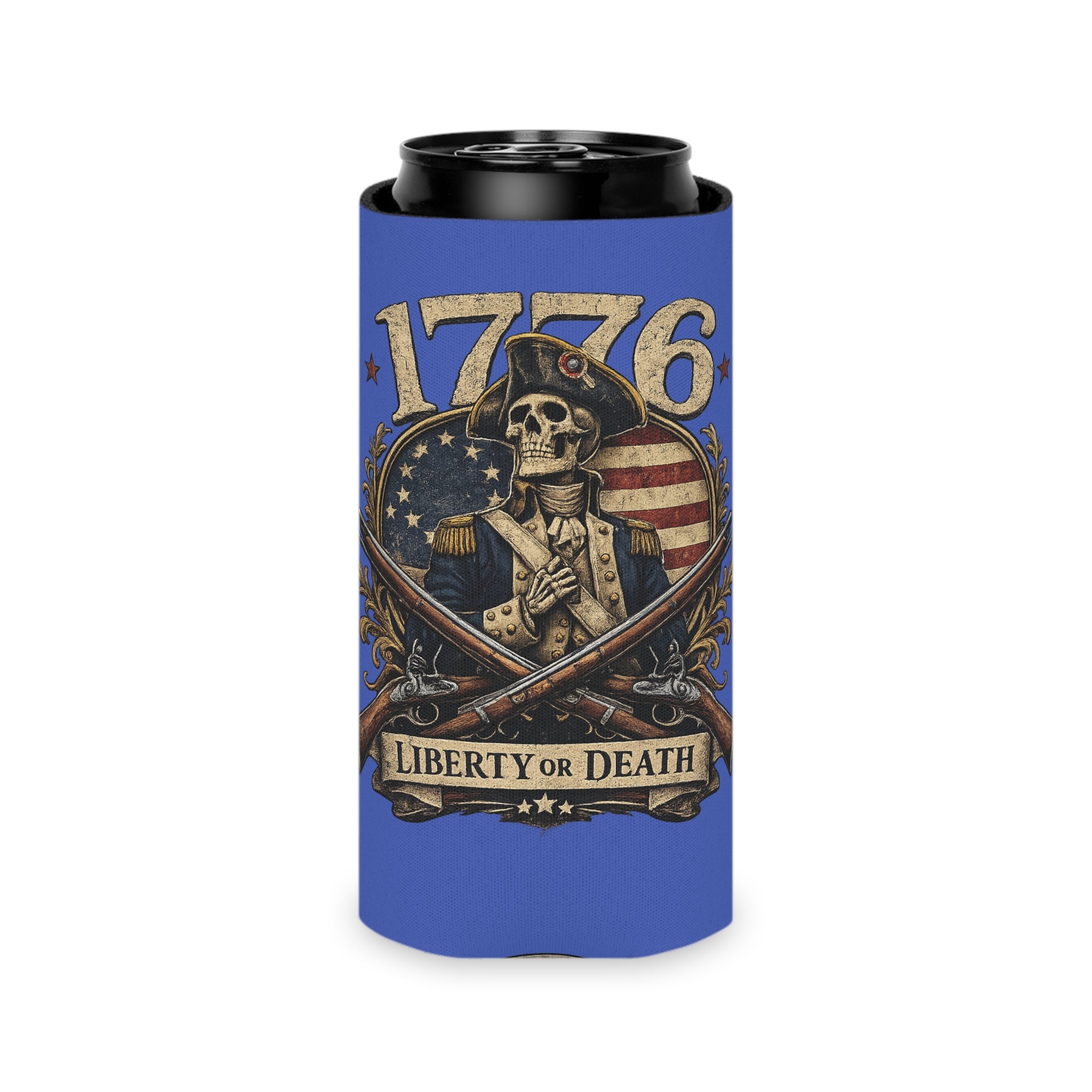 1776 Liberty or Death Patriotic Can Cooler | American Flag Skeleton Beer Koozie for Veterans & Patriots