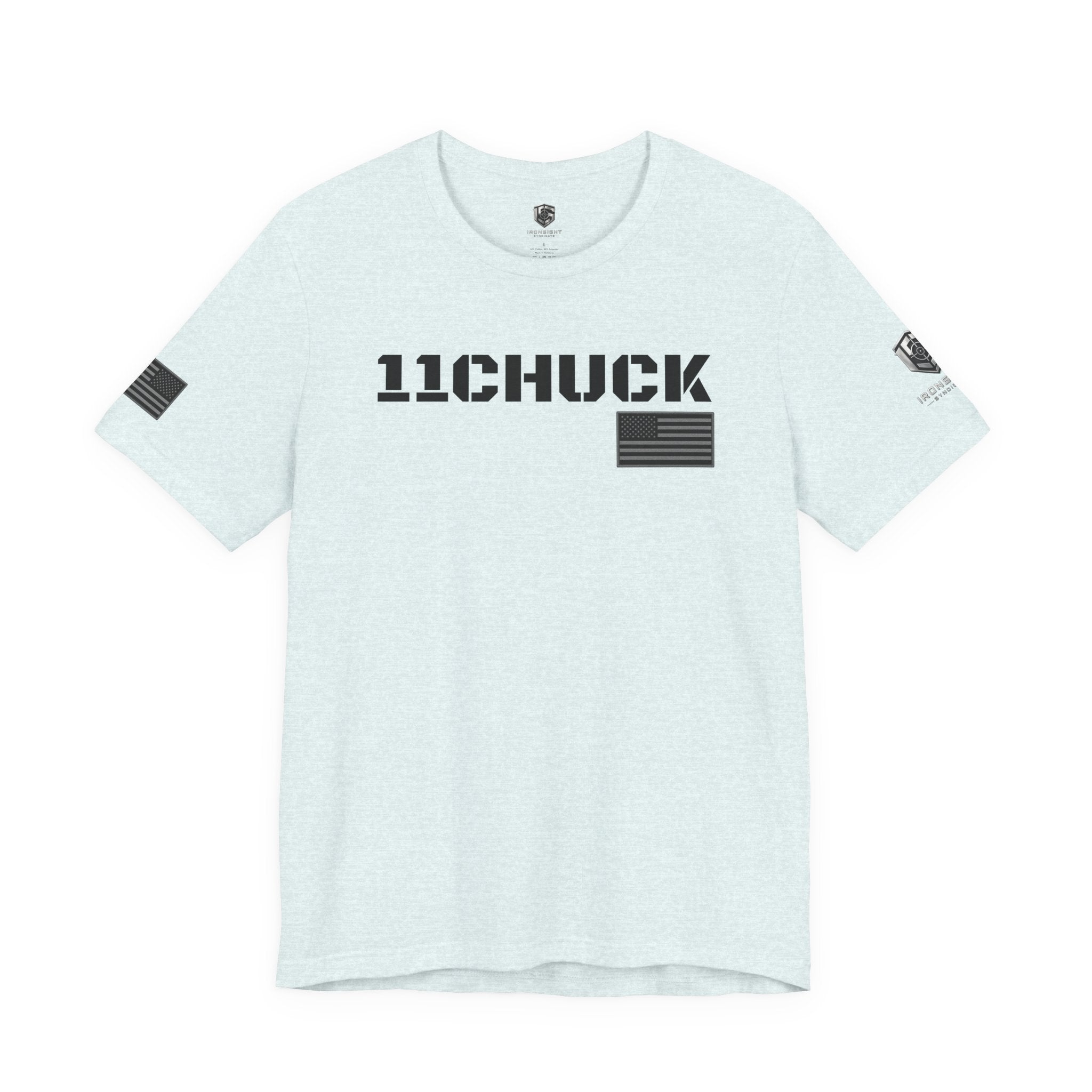 11Chuck Indirect Fire Infantryman Inspired Patriotic T-Shirt Black text - Heather Ice Blue | Ironsight Syndicate
