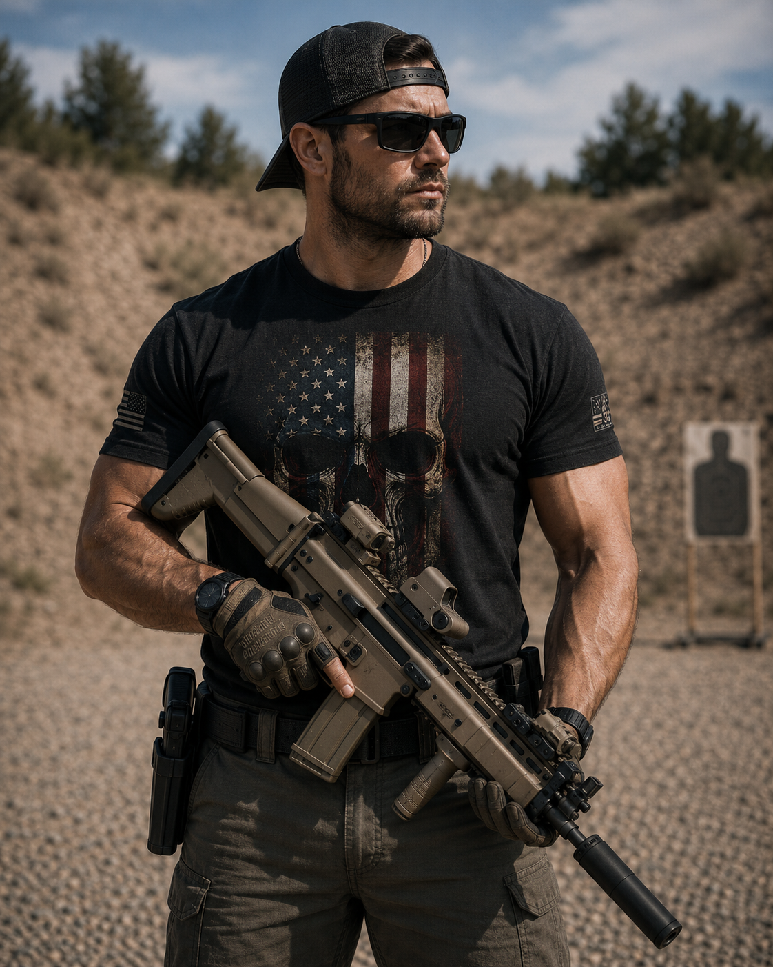 Patriotic American Flag Skull T-Shirt | Military Style Graphic Tee for Veterans & Patriots, Adult (13 and up), unisex