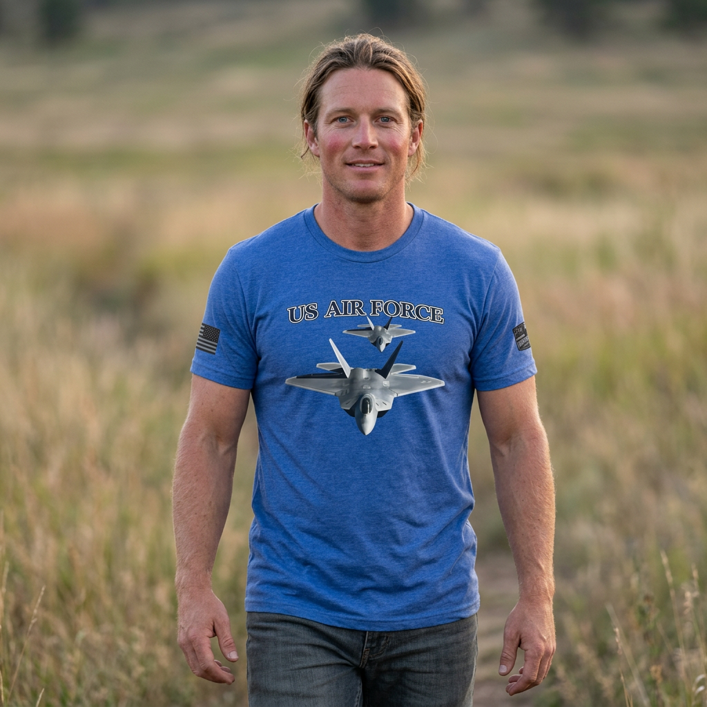 F-22 Raptor USAF Stealth Fighter Jet Graphic Tee - Air Force Pride - Heather True Royal | Ironsight Syndicate