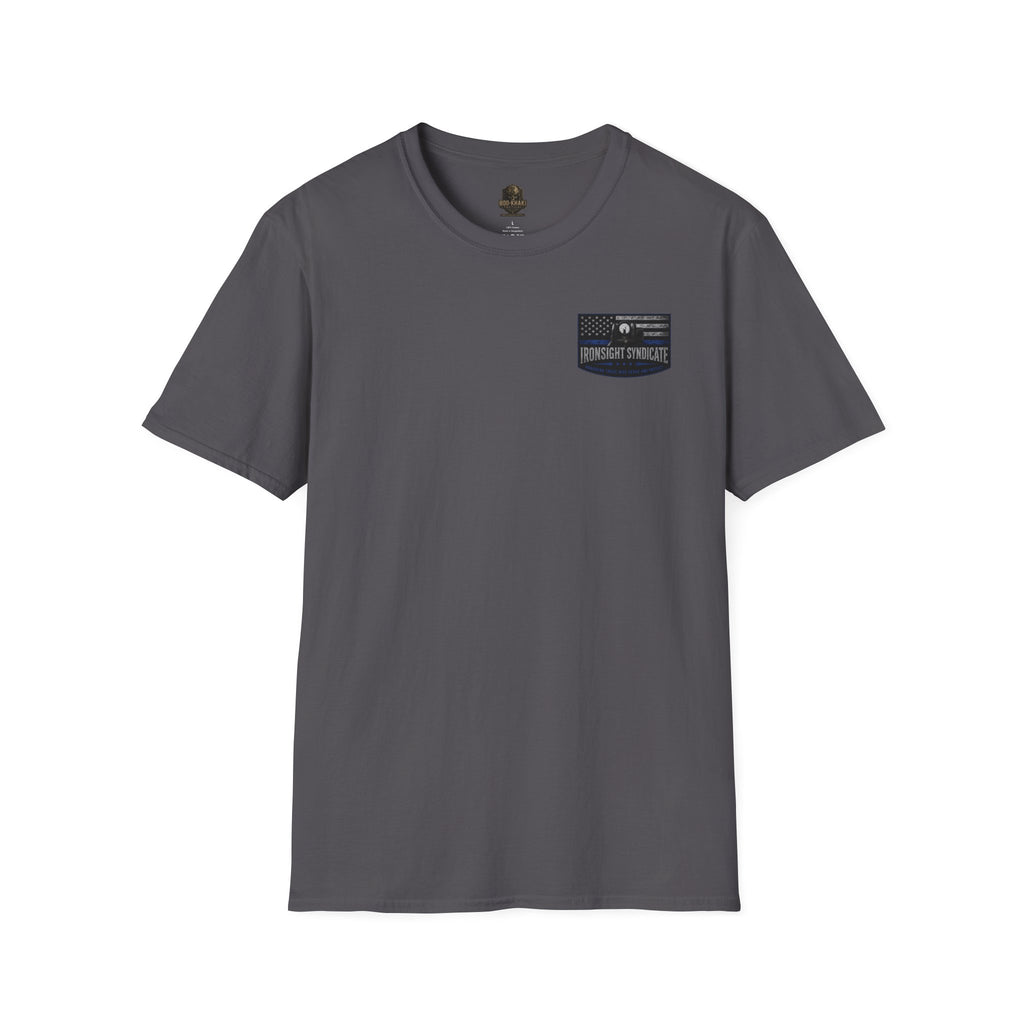Thin Blue Line- In honor of our Brothers and Sisters in Blue T-Shirt | Patriotic Military Graphic Tee for Veterans & Patriots, Adult (13 and up), unisex