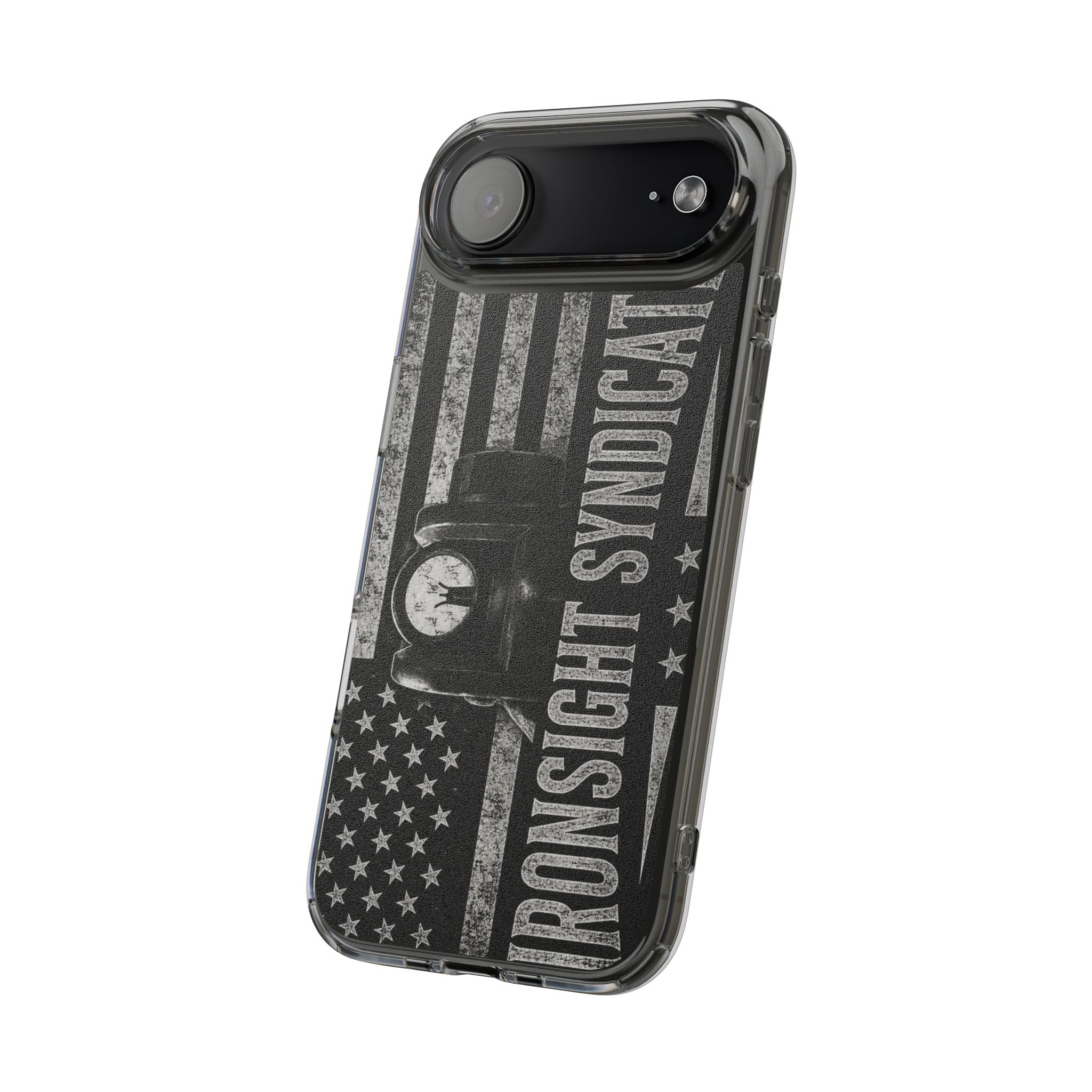 Clear Impact-Resistant Phone Case — "Ironsight Syndicate" Vintage Patriot Design