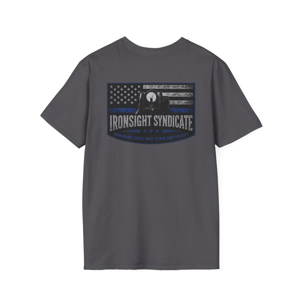 Thin Blue Line- In honor of our Brothers and Sisters in Blue T-Shirt | Patriotic Military Graphic Tee for Veterans & Patriots, Adult (13 and up), unisex