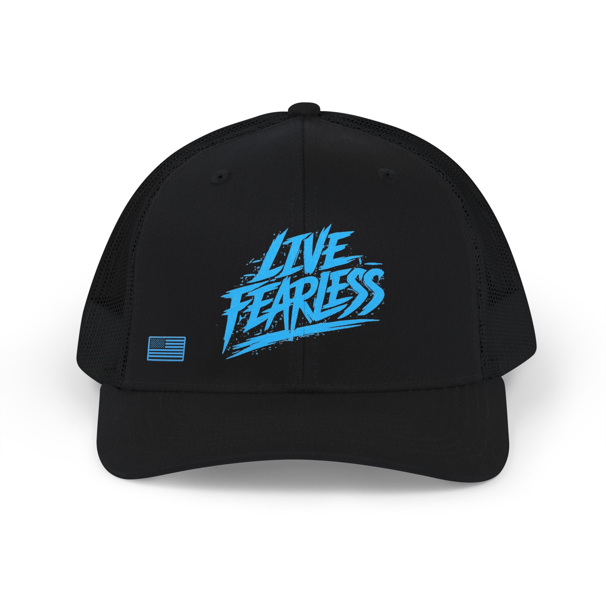 Live Fearless Blue Trucker Hat - Black / Black | Ironsight Syndicate