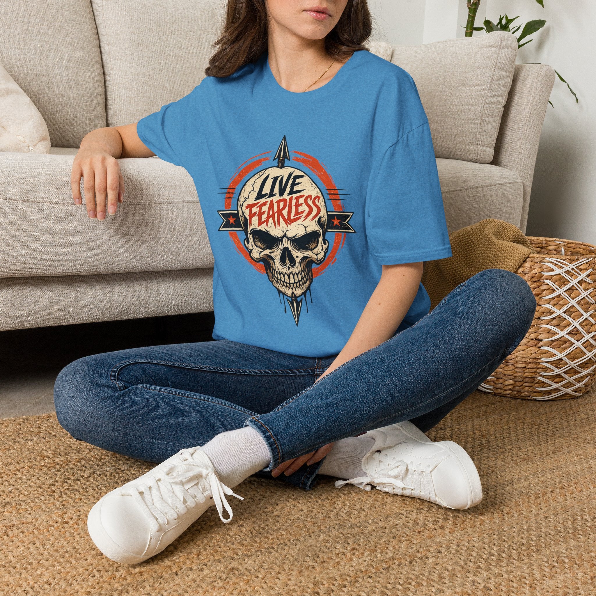 Live Fearless Skull Military T-Shirt (Front and Back) - Heather Sapphire | Ironsight Syndicate