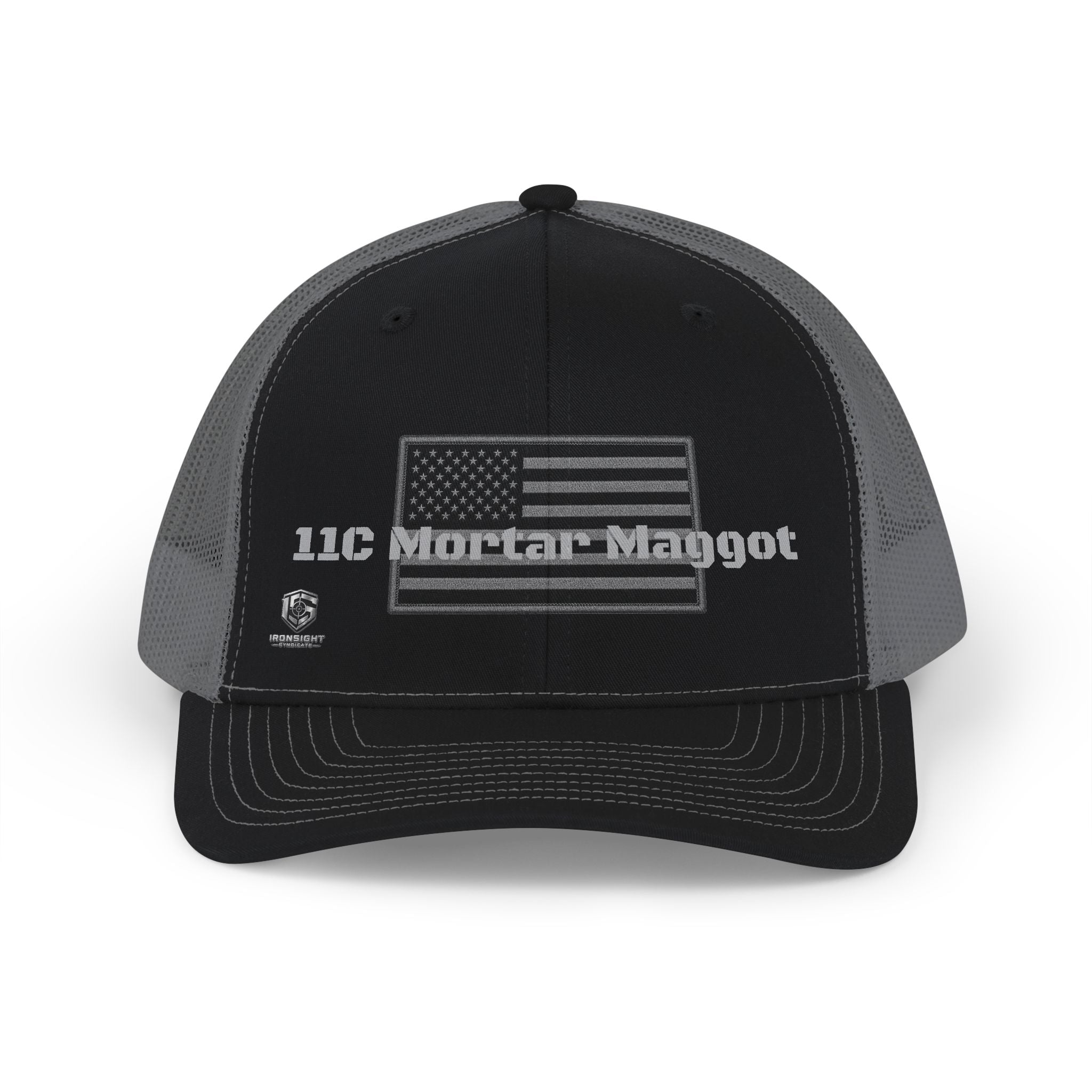 11C Mortar Maggot - Army Mortar Trucker Hat - Black / Charcoal | Ironsight Syndicate