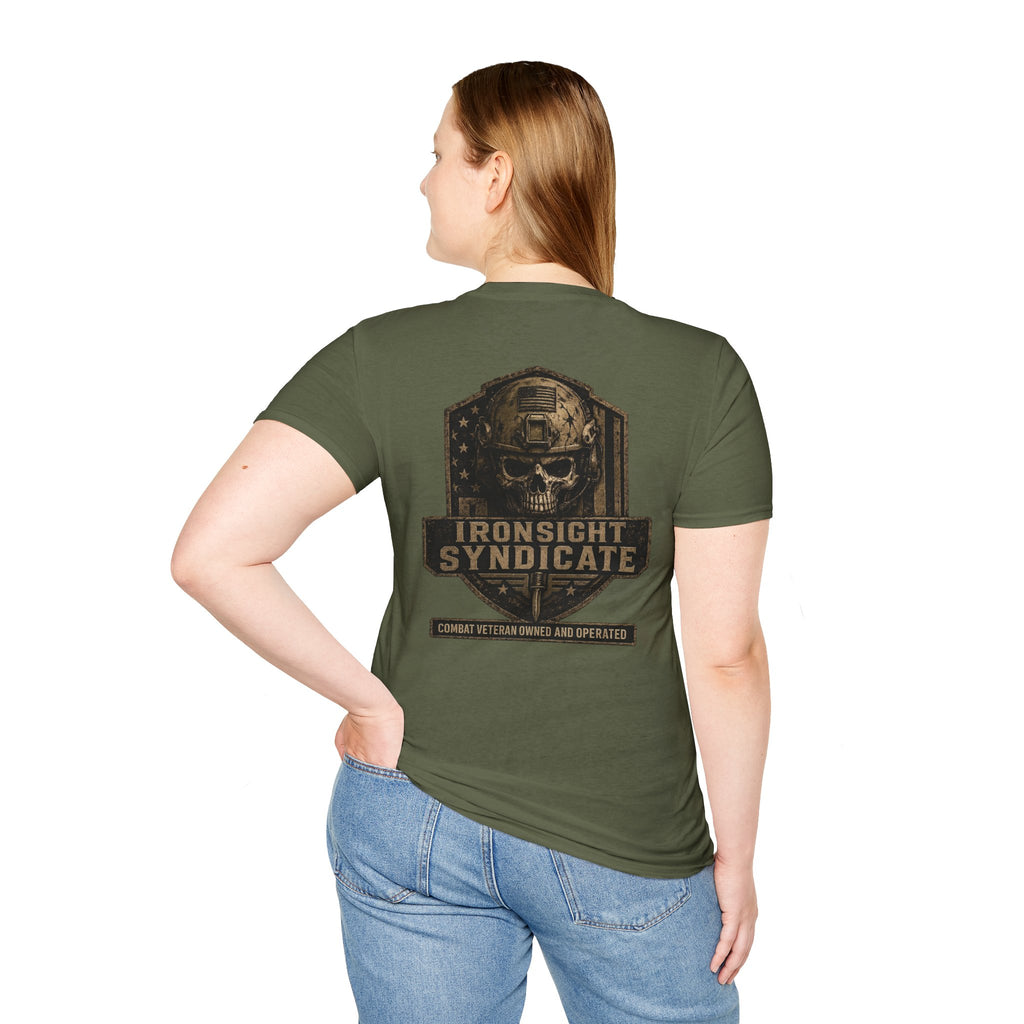 Ironsight Syndicate Tactical Skull T-Shirt | Patriotic Military Graphic Tee for Veterans & Patriots, Adult (13 and up), unisex