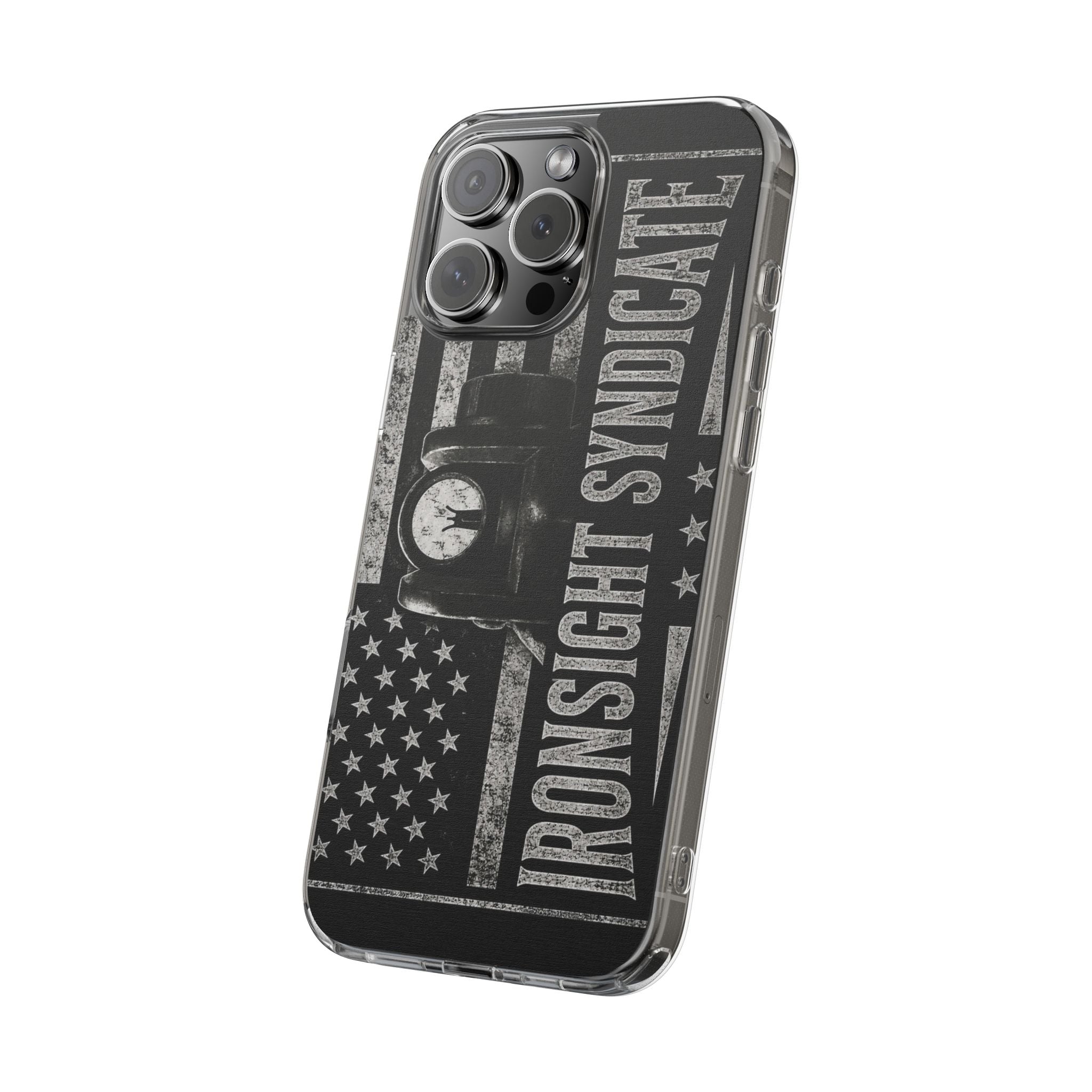 Clear Impact-Resistant Phone Case — "Ironsight Syndicate" Vintage Patriot Design
