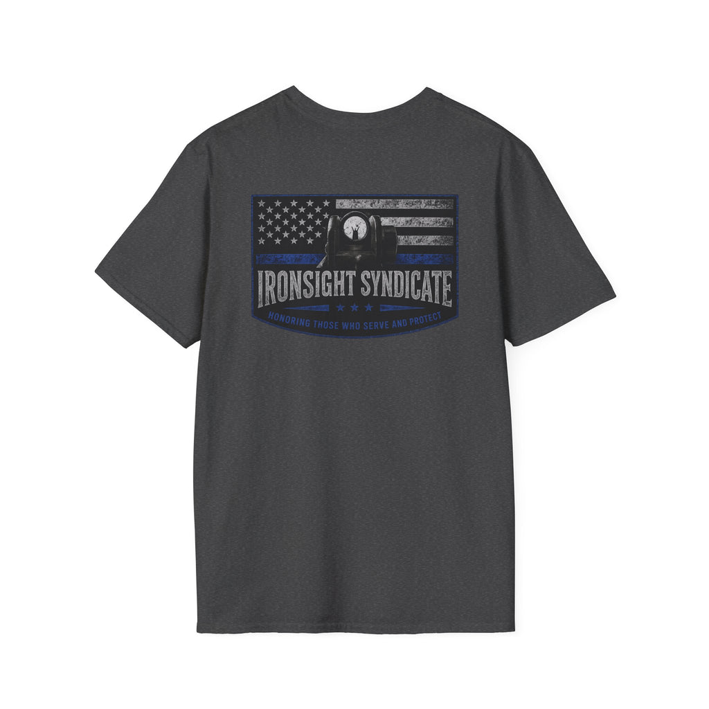 Thin Blue Line- In honor of our Brothers and Sisters in Blue T-Shirt | Patriotic Military Graphic Tee for Veterans & Patriots, Adult (13 and up), unisex