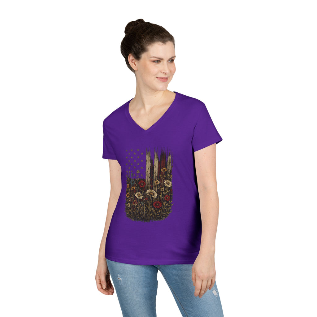 Wrapped in Old Glory-Ladies' V-Neck T-Shirt — Patriotic Sunflower Flag Graphic Tee