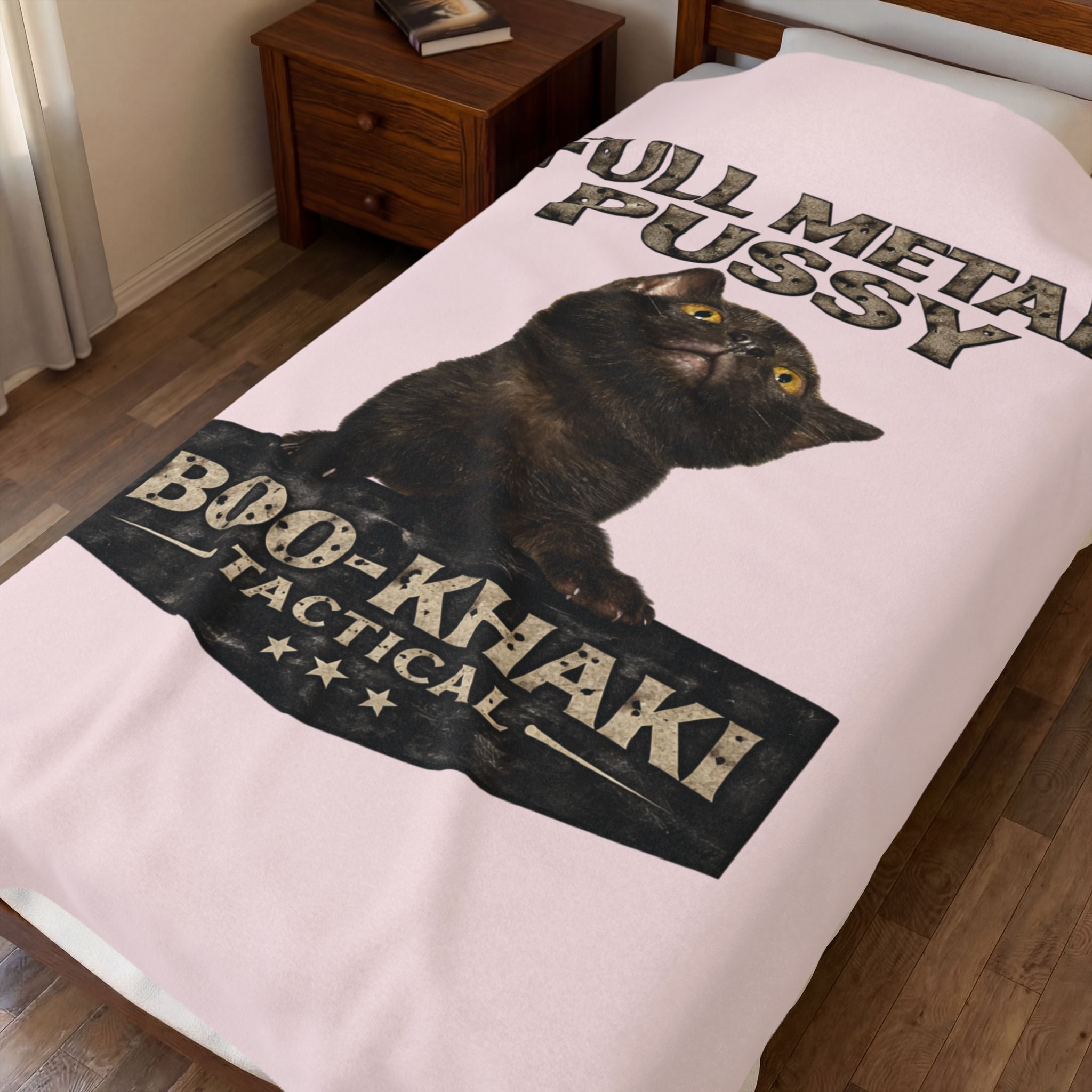 Velveteen Blanket – “Full Metal Pussy” (Cat) Boo-Khaki Tactical Dog Throw