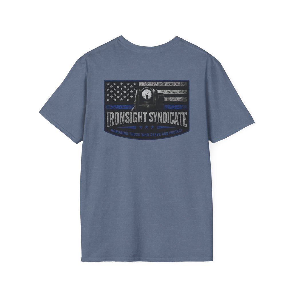 Thin Blue Line- In honor of our Brothers and Sisters in Blue T-Shirt | Patriotic Military Graphic Tee for Veterans & Patriots, Adult (13 and up), unisex