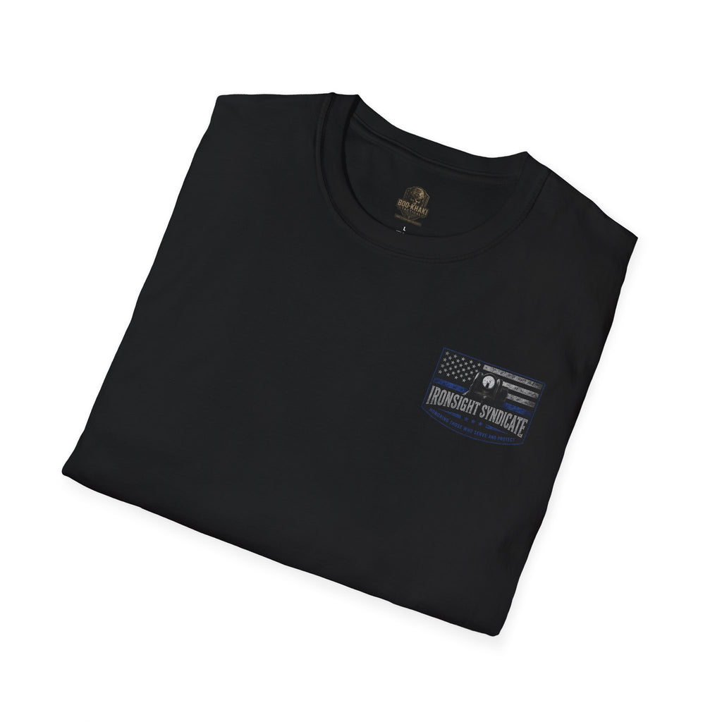 Thin Blue Line- In honor of our Brothers and Sisters in Blue T-Shirt | Patriotic Military Graphic Tee for Veterans & Patriots, Adult (13 and up), unisex