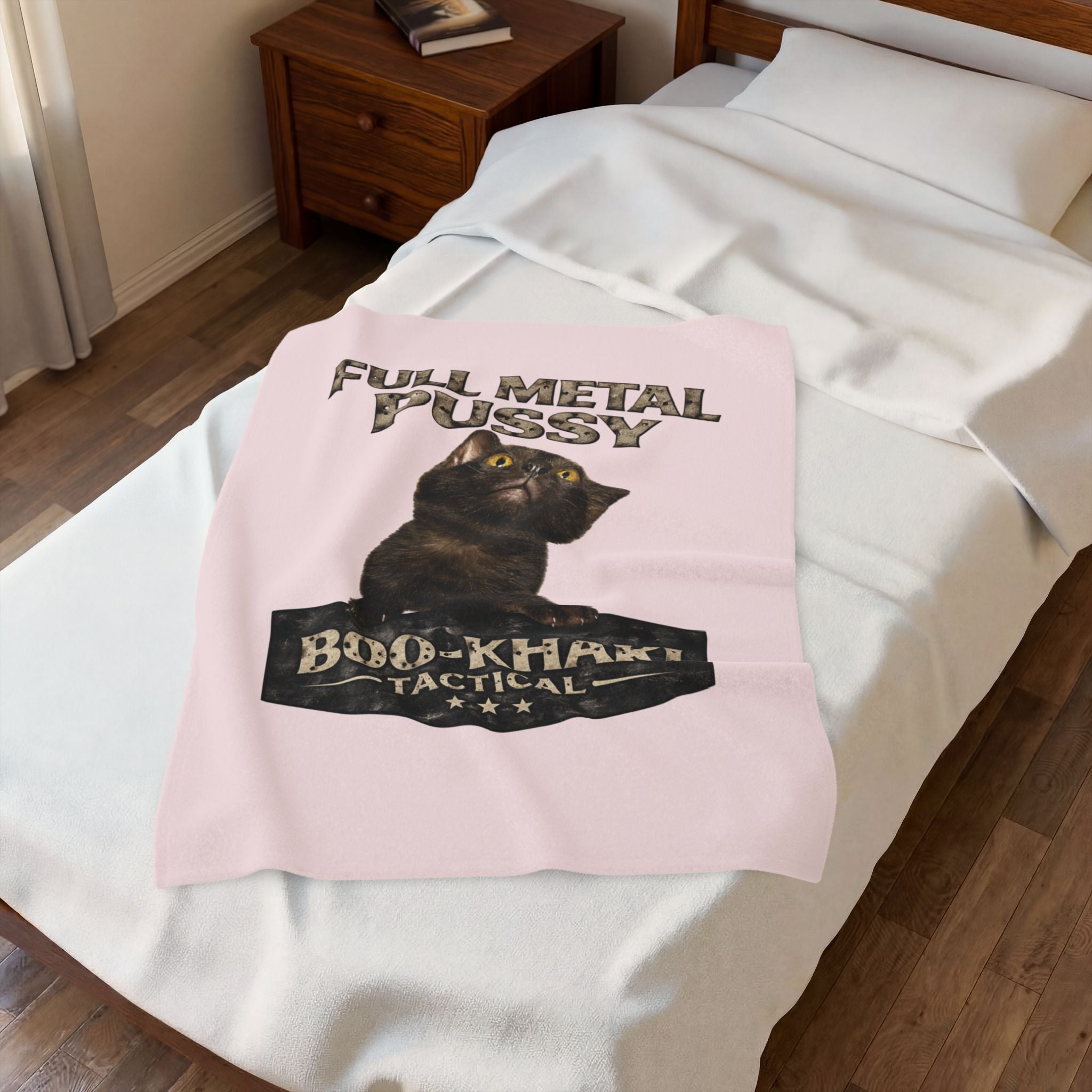 Velveteen Blanket – “Full Metal Pussy” (Cat) Boo-Khaki Tactical Dog Throw