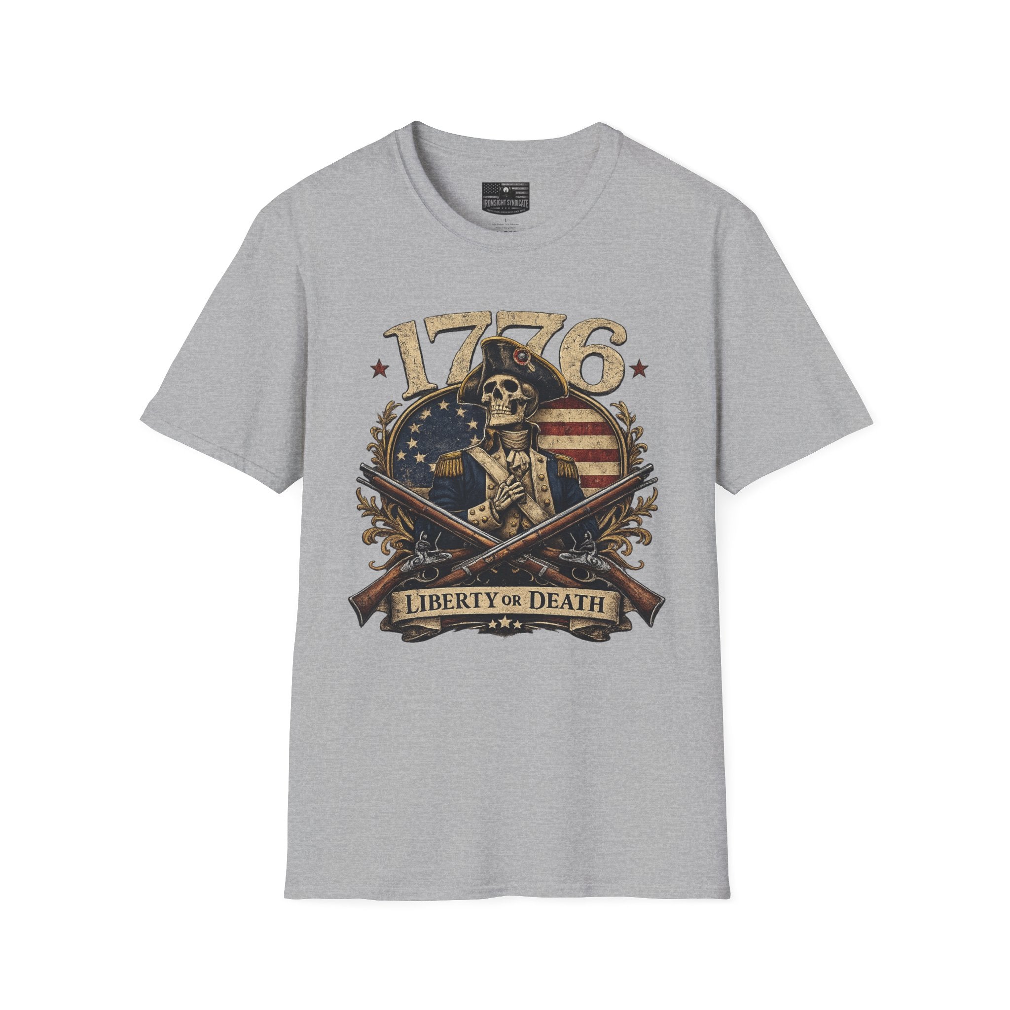 1776 Liberty or Death T-Shirt — Patriotic Revolutionary War Skull Tee