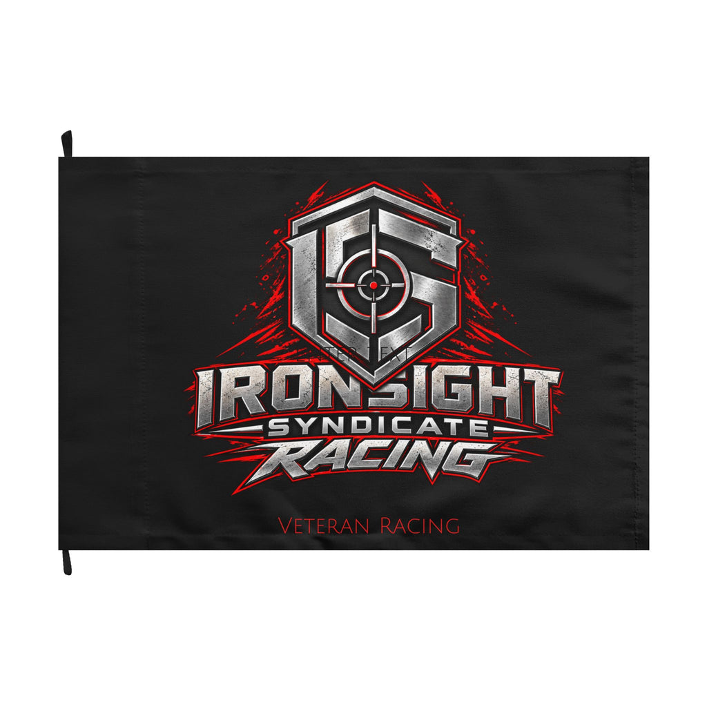 Ironsight Syndicate Racing double-sided flag, chrome and red Racing shield with Veteran Racing on black, front, 18 x 12 inch