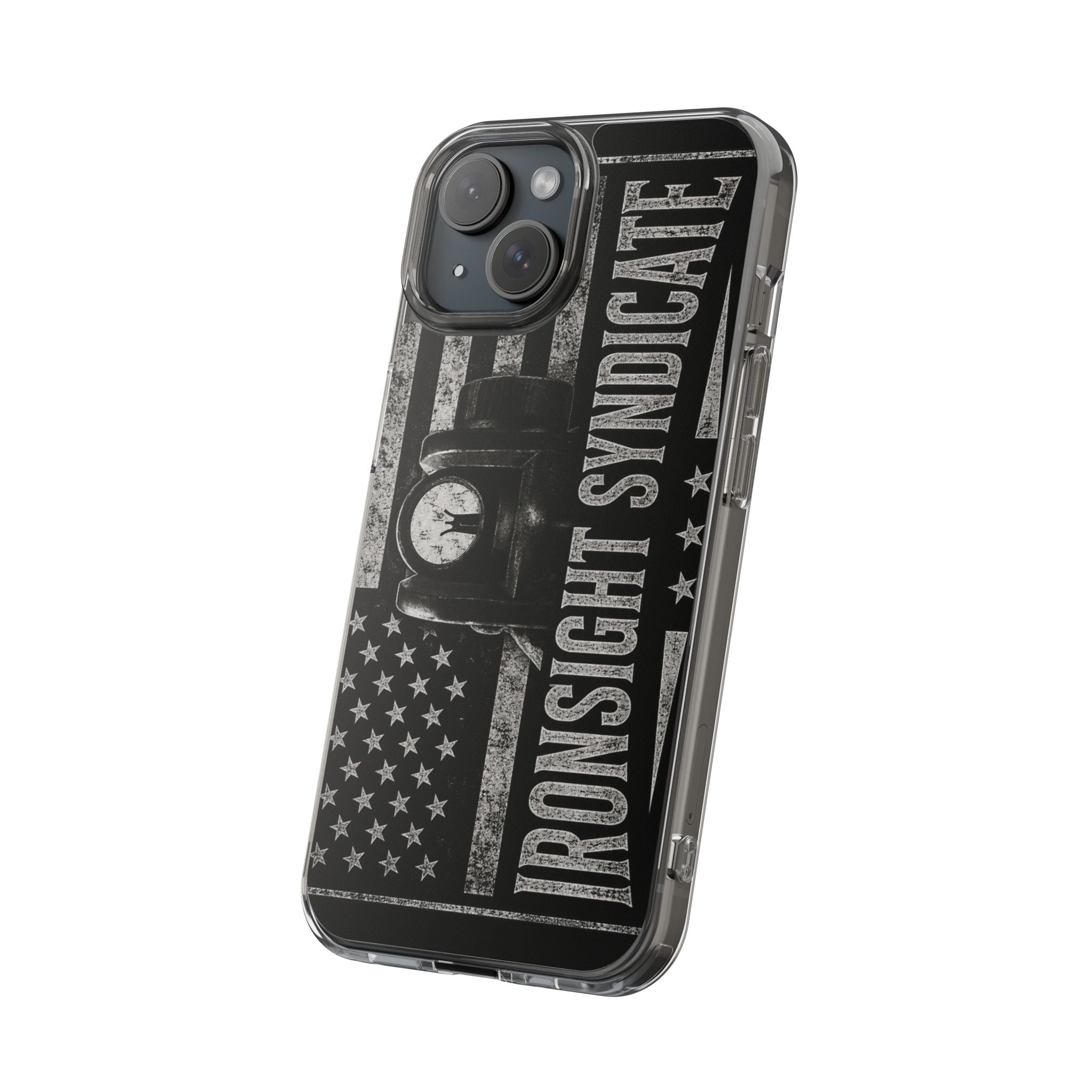 Clear Impact-Resistant Phone Case — "Ironsight Syndicate" Vintage Patriot Design
