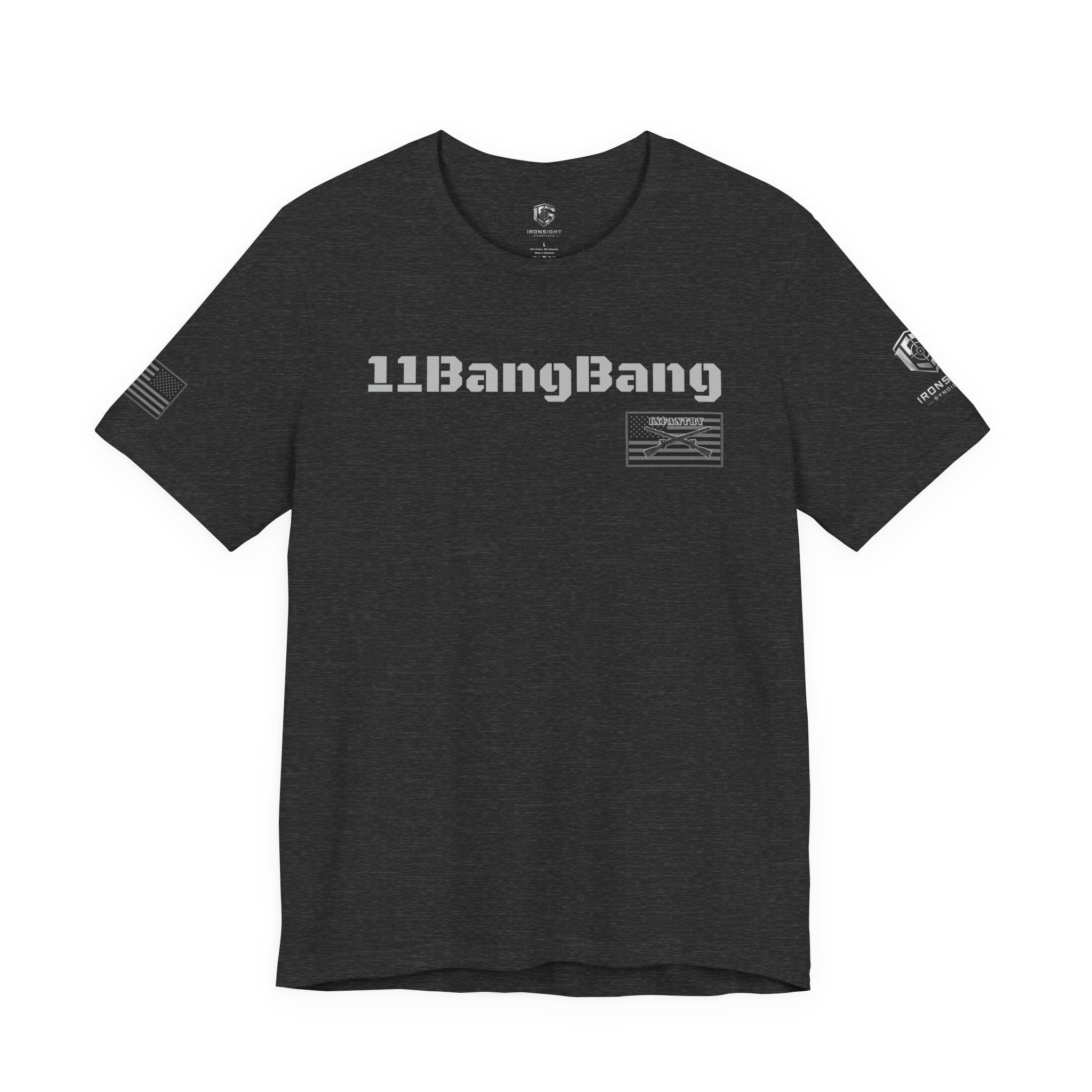 11Bang Bang (White Text) Infantry Inspired Patriotic T-Shirt - Dark Grey Heather | Ironsight Syndicate
