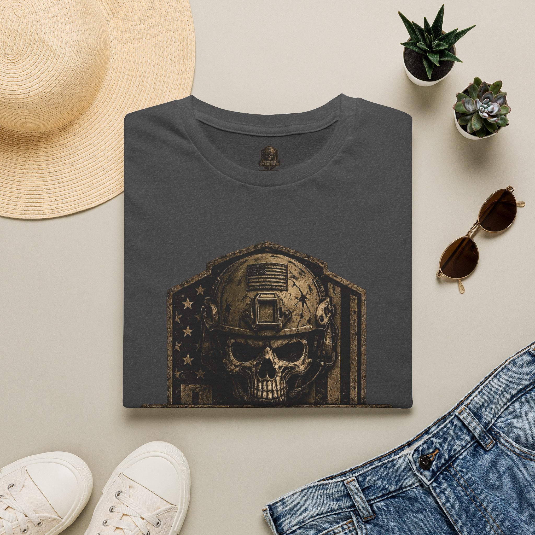 Ironsight Syndicate Tactical Skull T-Shirt | Patriotic Military Graphic Tee for Veterans & Patriots, Adult (13 and up), unisex