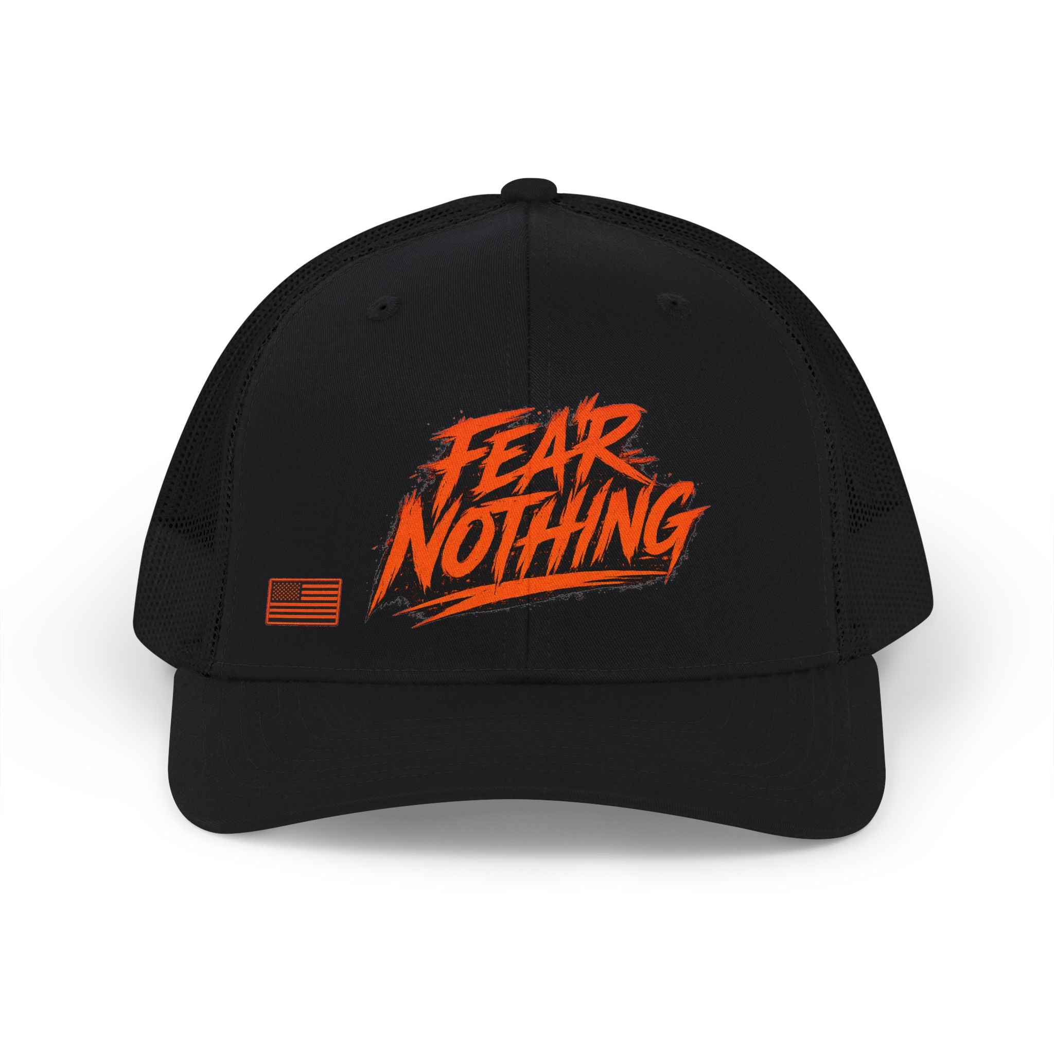 Fear Nothing Orange Trucker Hat - Black / Black | Ironsight Syndicate