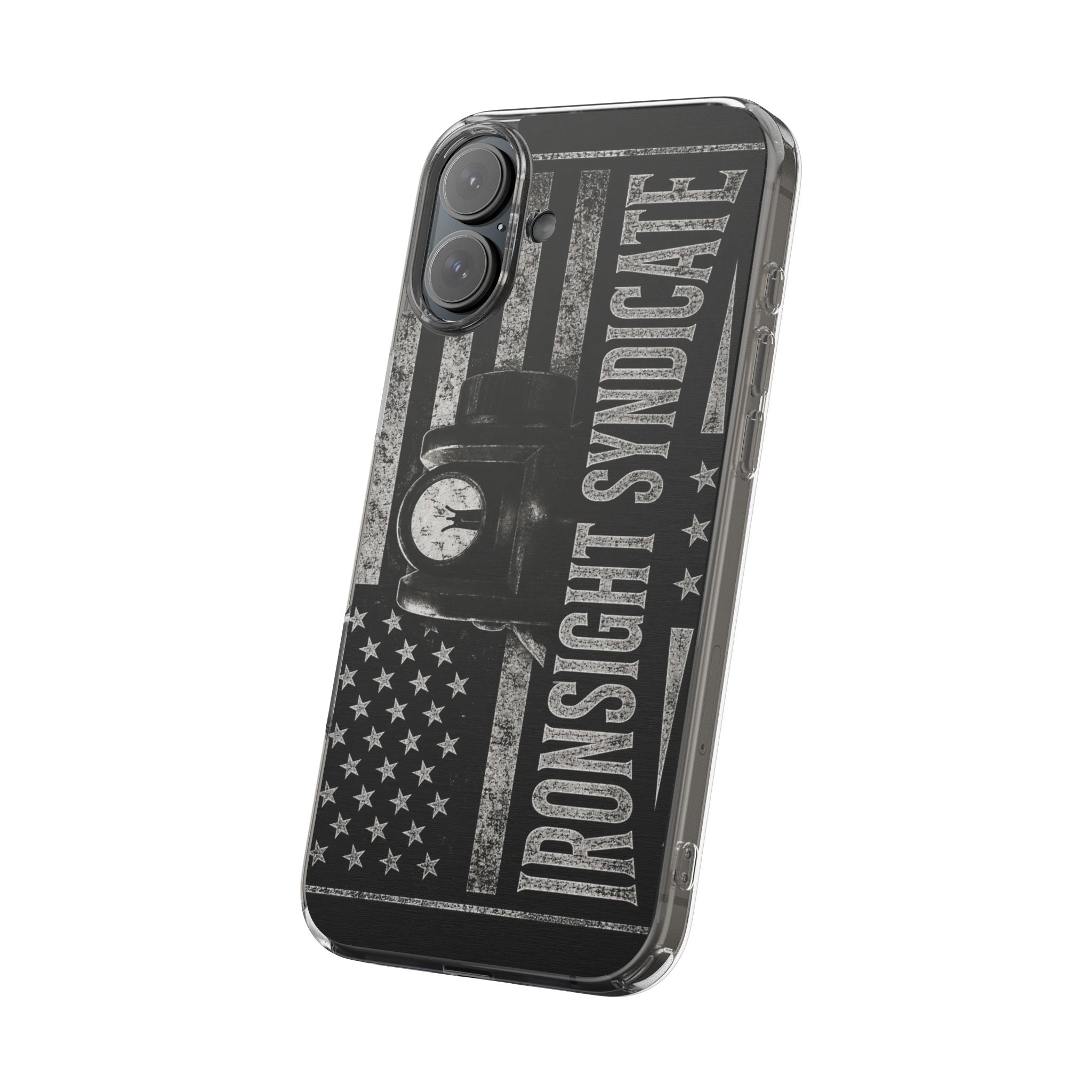 Clear Impact-Resistant Phone Case — "Ironsight Syndicate" Vintage Patriot Design
