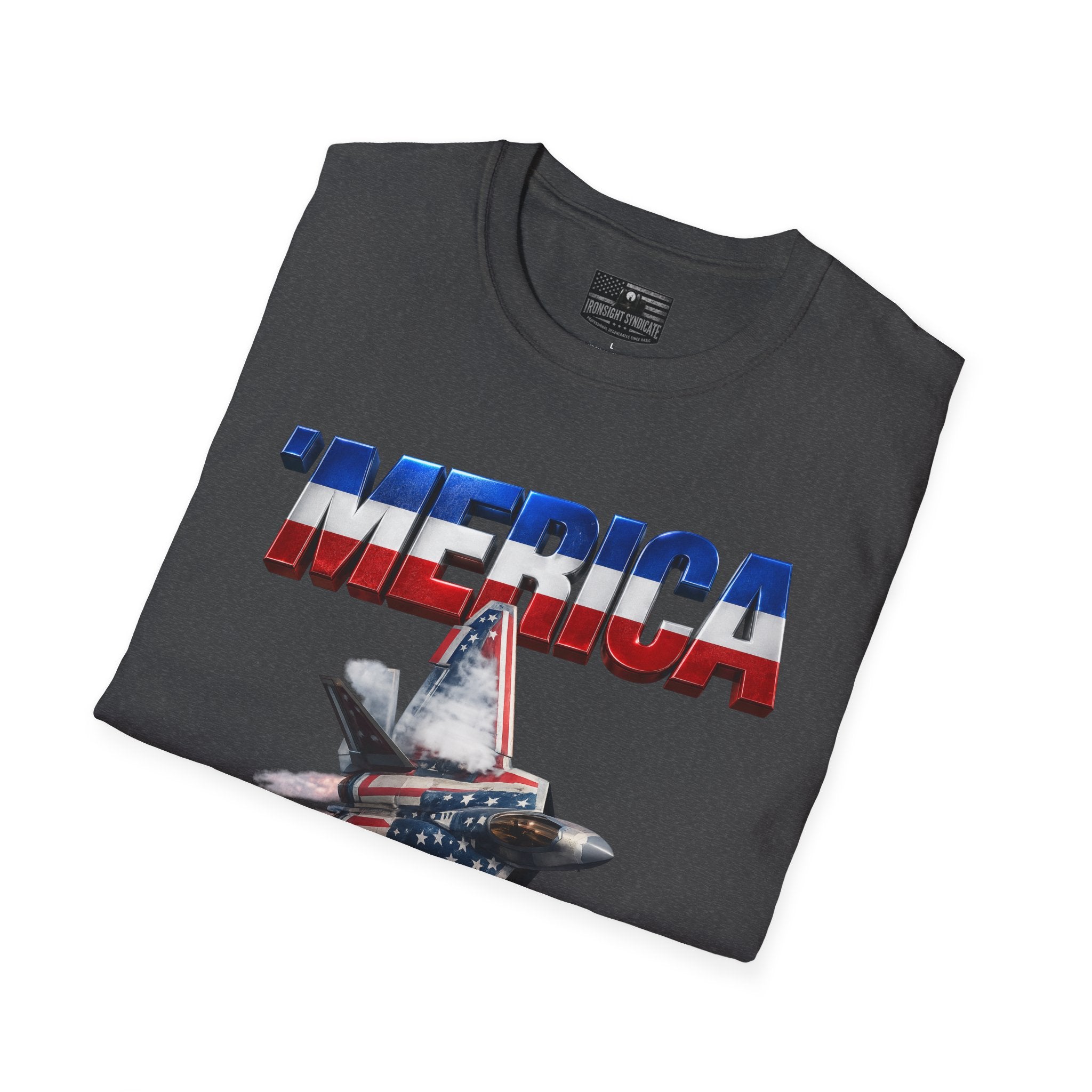 F22 Merica! Patriotic Ironsight Syndicate T-Shirt | Patriotic Military Graphic Tee for Veterans & Patriots, Adult (13 and up), unisex