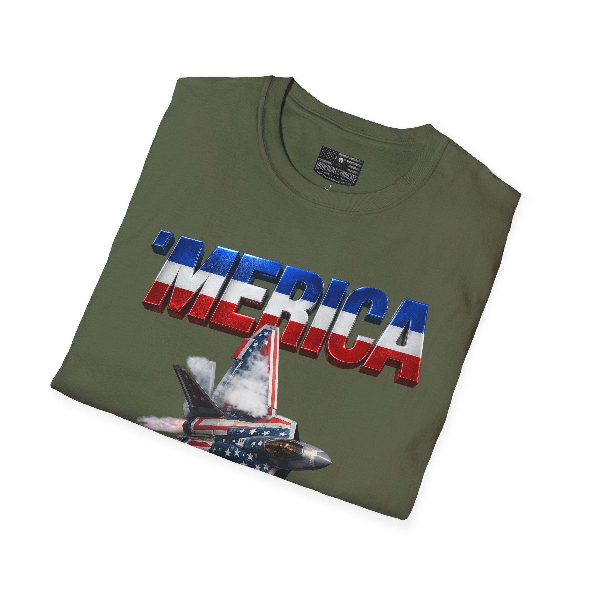 F22 Merica! Patriotic Ironsight Syndicate T-Shirt | Patriotic Military Graphic Tee for Veterans & Patriots, Adult (13 and up), unisex