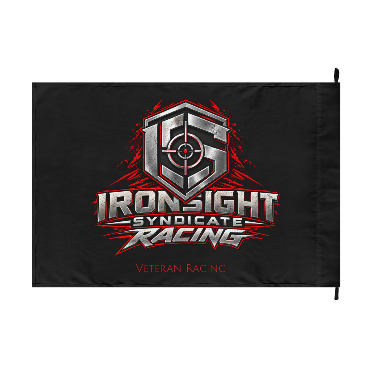 Ironsight Syndicate Racing double-sided flag, chrome and red Racing shield with Veteran Racing on black, back side, 36 x 24 inch