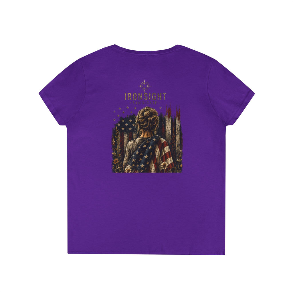 Wrapped in Old Glory-Ladies' V-Neck T-Shirt — Patriotic Sunflower Flag Graphic Tee