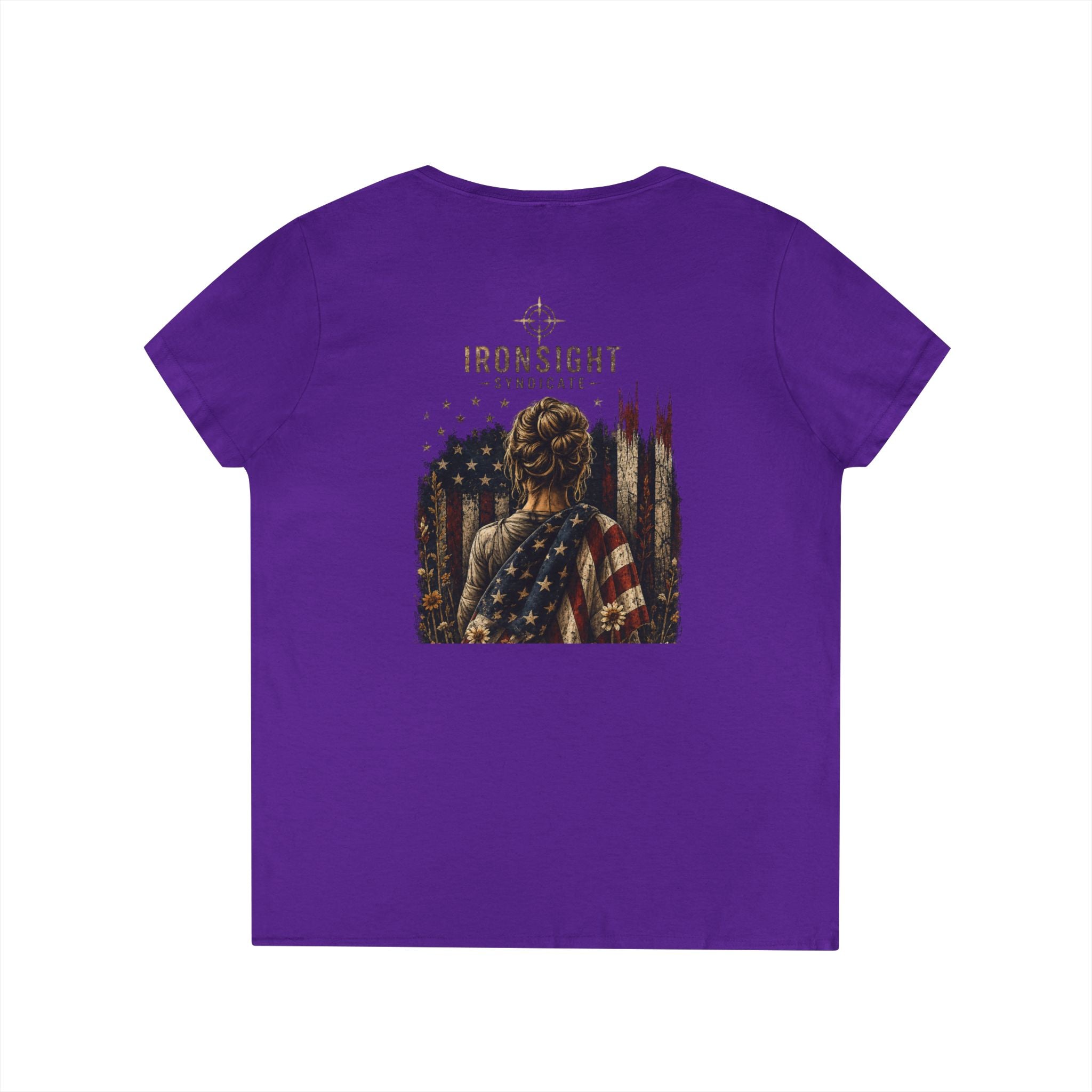 Wrapped in Old Glory-Ladies' V-Neck T-Shirt — Patriotic Sunflower Flag Graphic Tee