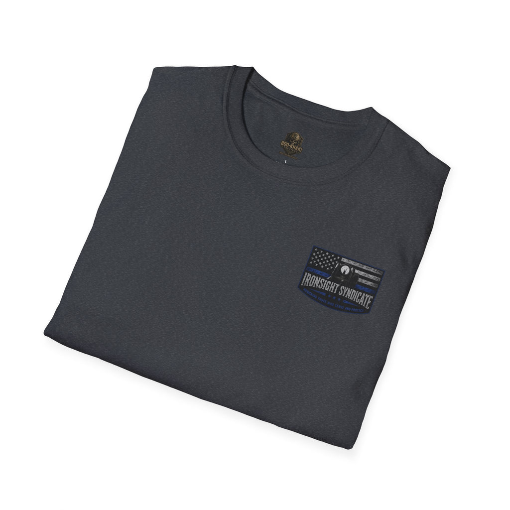 Thin Blue Line- In honor of our Brothers and Sisters in Blue T-Shirt | Patriotic Military Graphic Tee for Veterans & Patriots, Adult (13 and up), unisex
