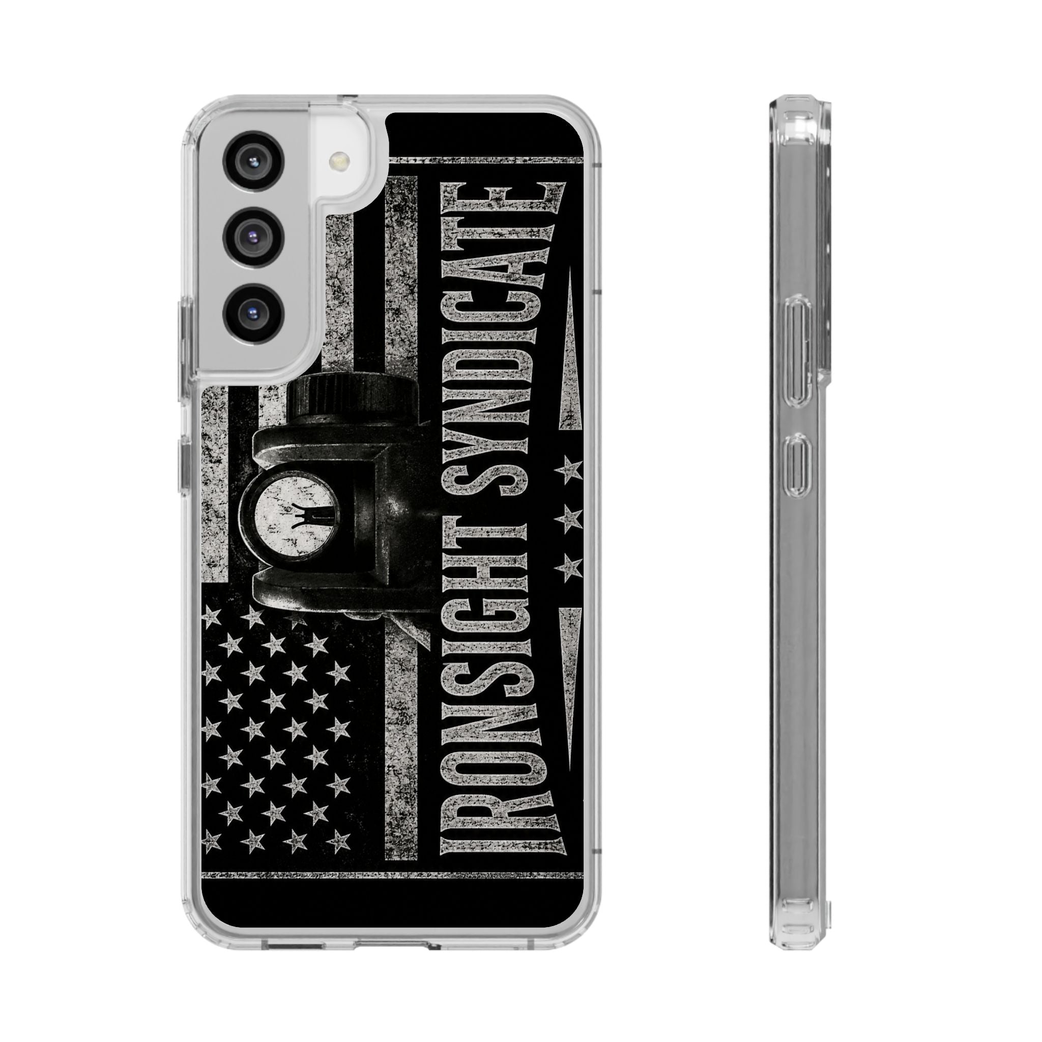 Clear Impact-Resistant Phone Case — "Ironsight Syndicate" Vintage Patriot Design