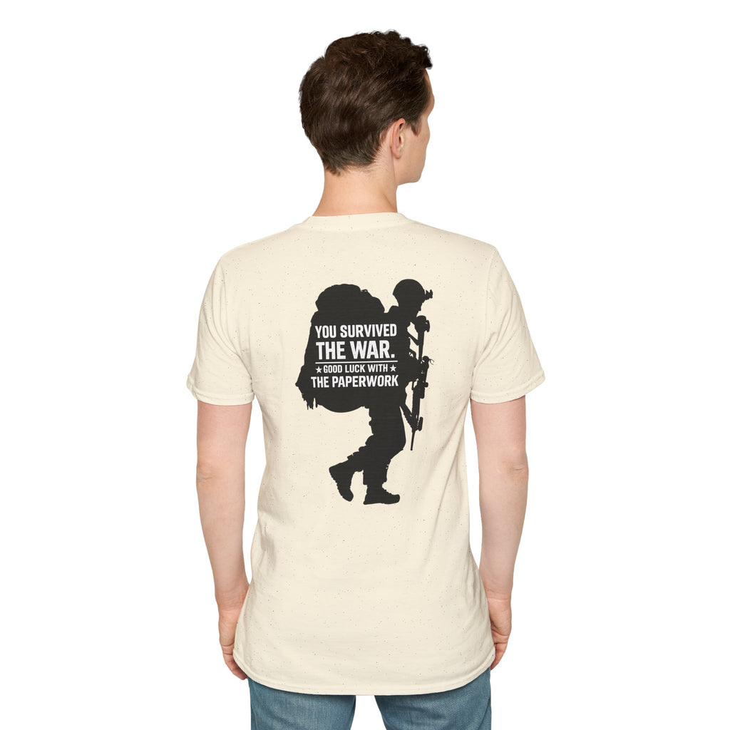 You Survived the War, Good Luck with the Paperwork T-Shirt (Black Graphic)