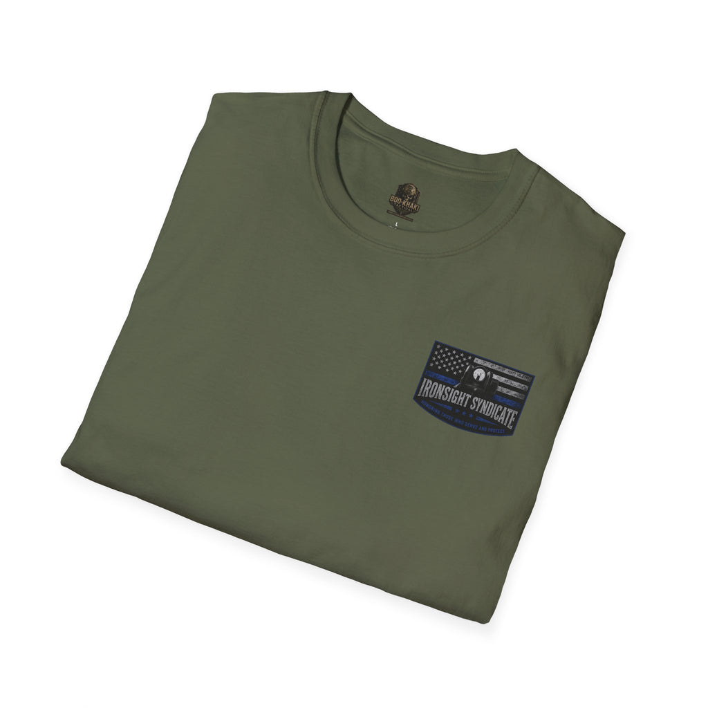 Thin Blue Line- In honor of our Brothers and Sisters in Blue T-Shirt | Patriotic Military Graphic Tee for Veterans & Patriots, Adult (13 and up), unisex