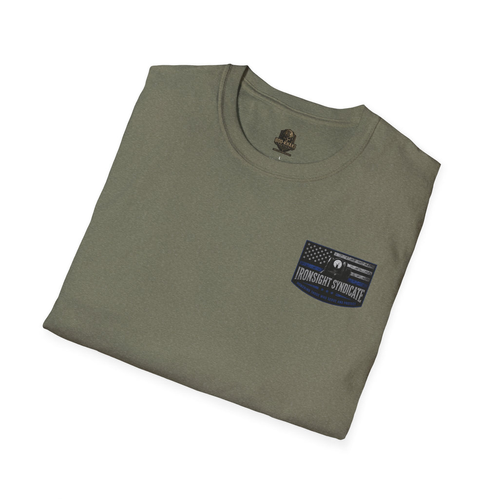 Thin Blue Line- In honor of our Brothers and Sisters in Blue T-Shirt | Patriotic Military Graphic Tee for Veterans & Patriots, Adult (13 and up), unisex