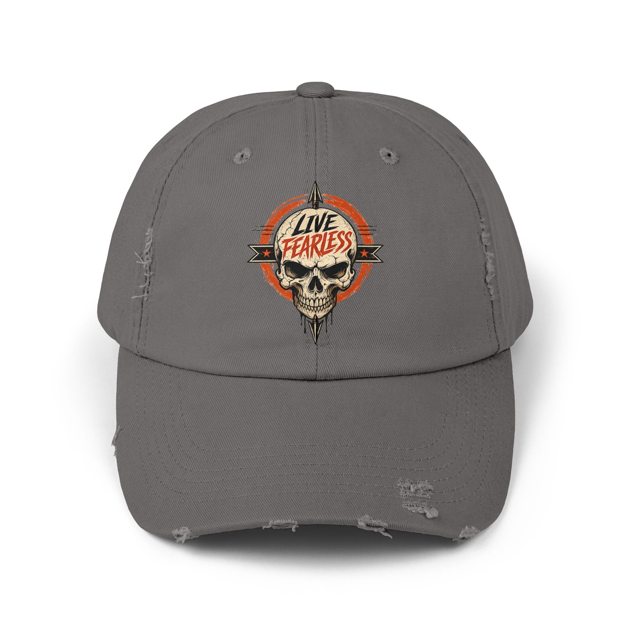 Live Fearless Distressed Cap — Vintage Skull Baseball Hat - Nickel | Ironsight Syndicate