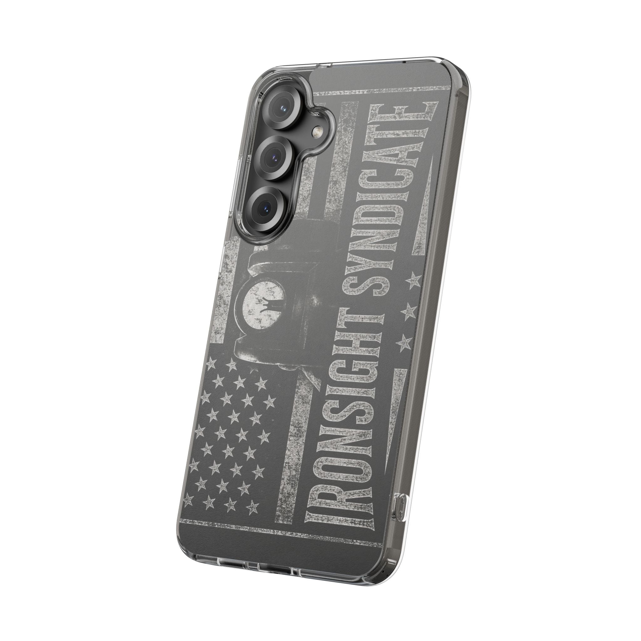 Clear Impact-Resistant Phone Case — "Ironsight Syndicate" Vintage Patriot Design