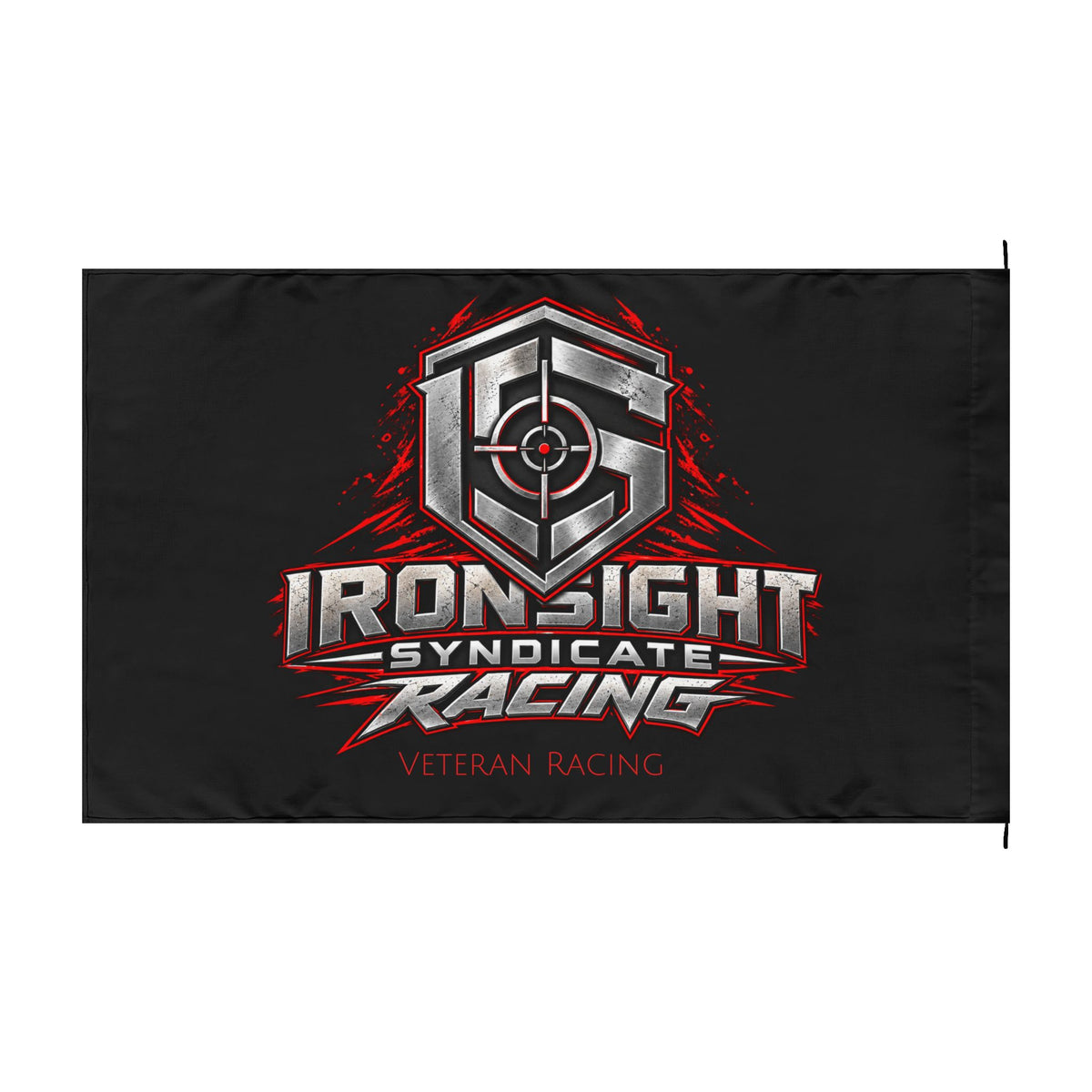 Ironsight Syndicate Racing double-sided flag, chrome and red Racing shield with Veteran Racing on black, back side, 60 x 36 inch