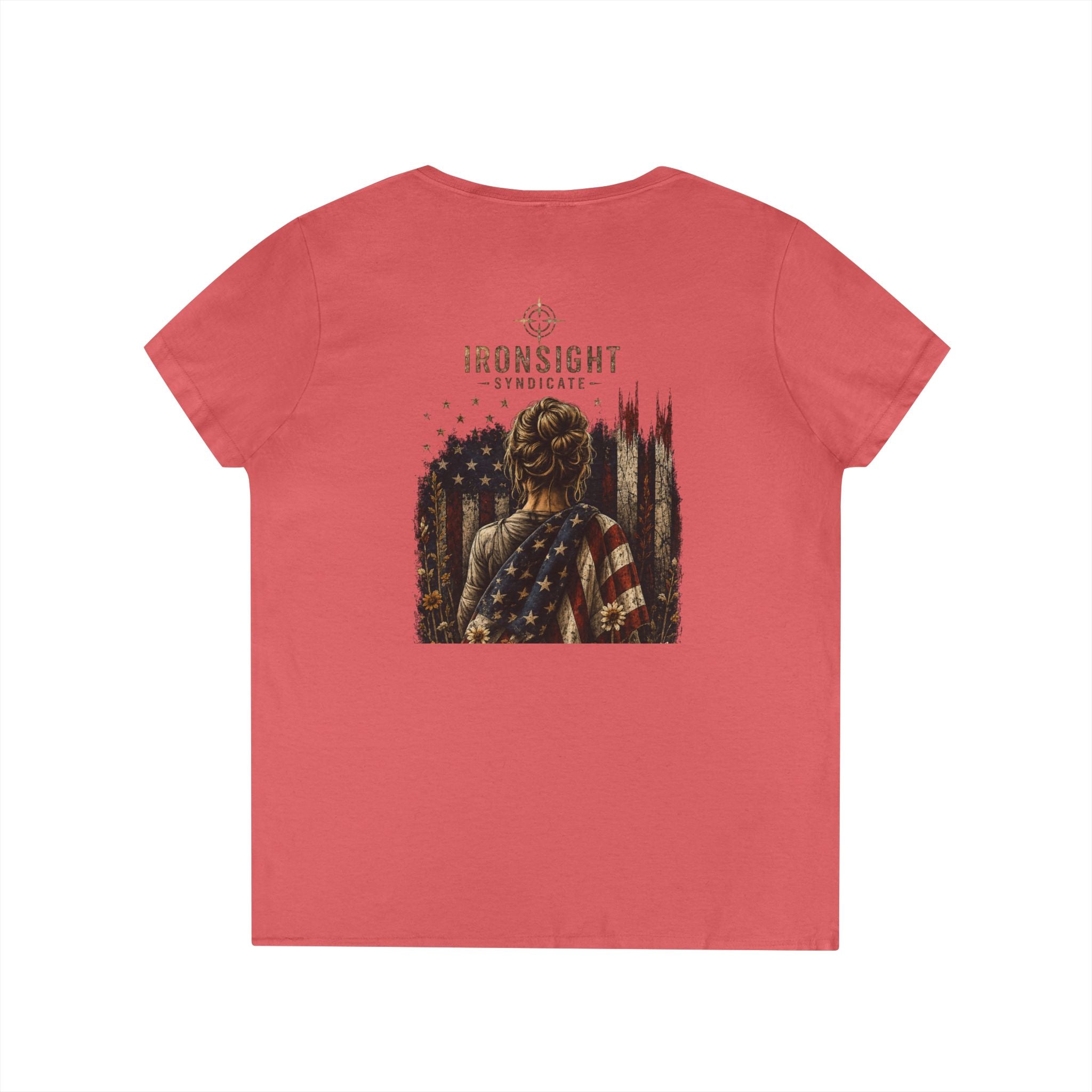 Wrapped in Old Glory-Ladies' V-Neck T-Shirt — Patriotic Sunflower Flag Graphic Tee