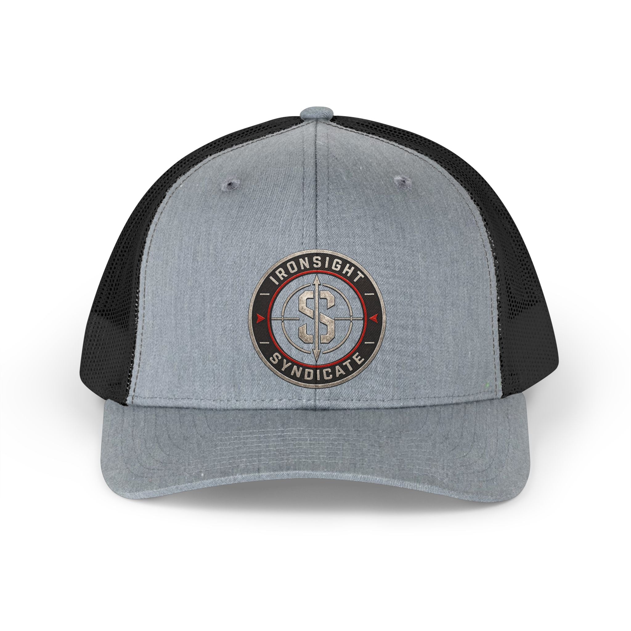 Retro Trucker Hat – Ironsight Syndicate Distressed Logo  | Patriotic USA Snapback Mesh Cap for Veterans & Patriots