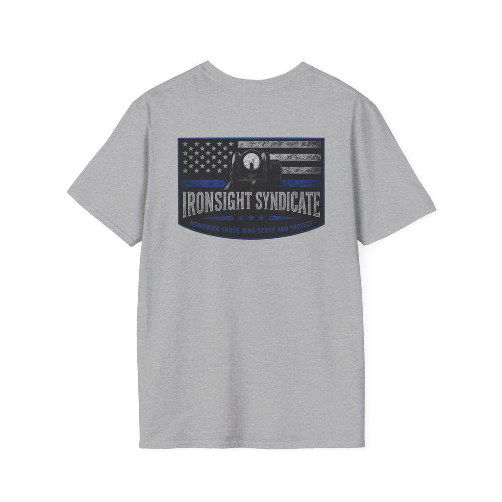Thin Blue Line- In honor of our Brothers and Sisters in Blue T-Shirt | Patriotic Military Graphic Tee for Veterans & Patriots, Adult (13 and up), unisex